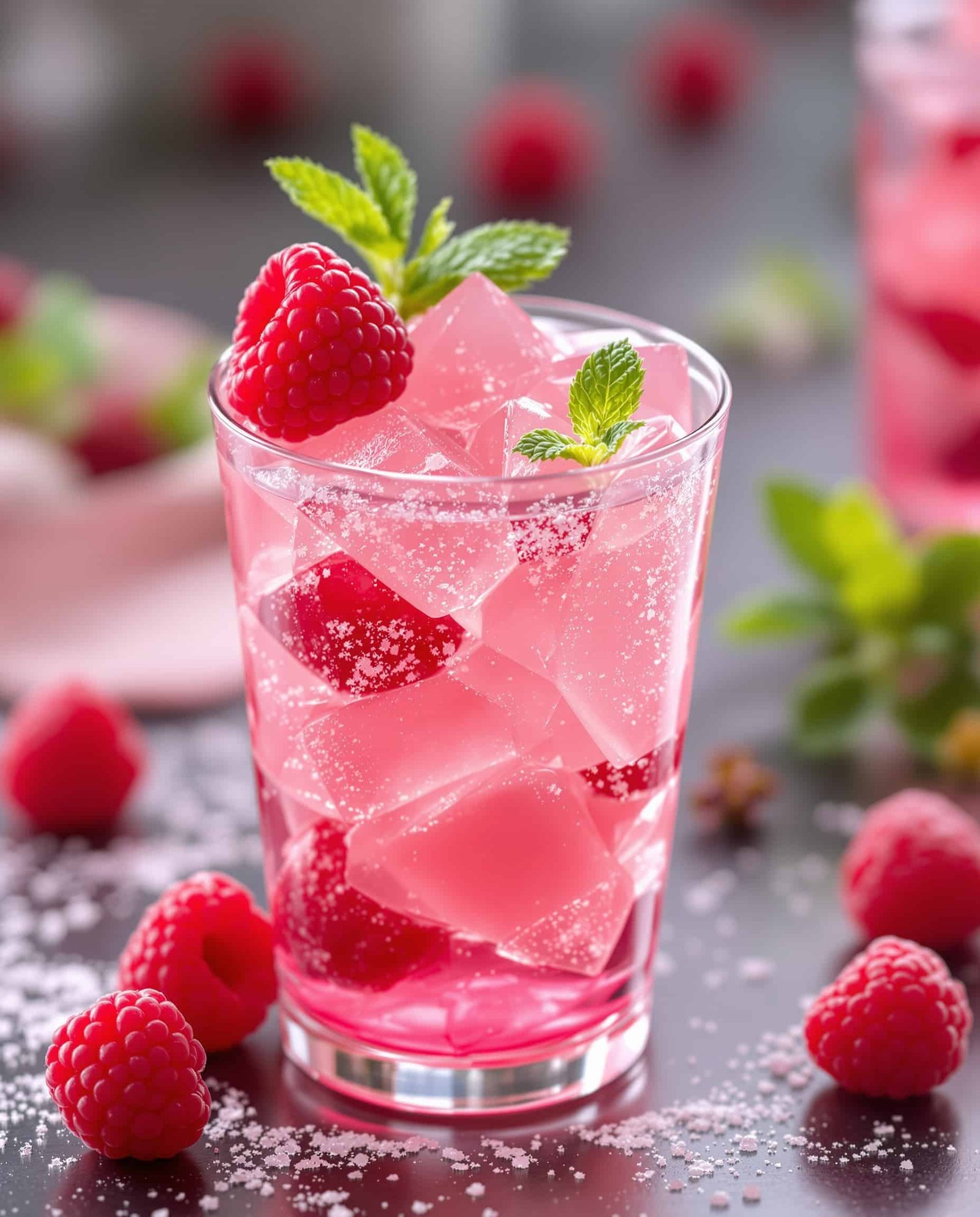 Close-up of pink Mounjaro natural gelatin with berry garnish