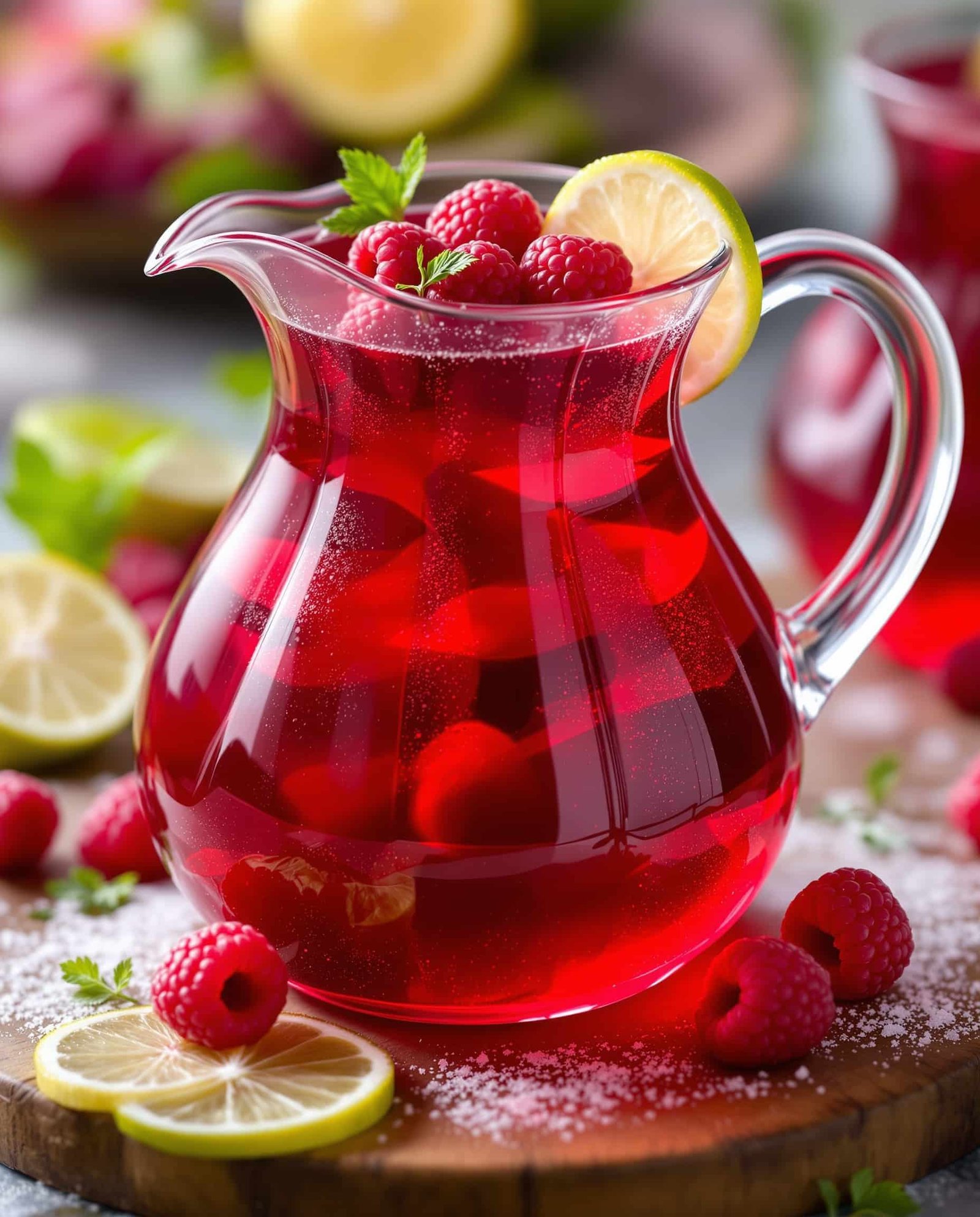 Close-up of jiggly Pink Gelatin Trick Recipe Cranberry with berries.
