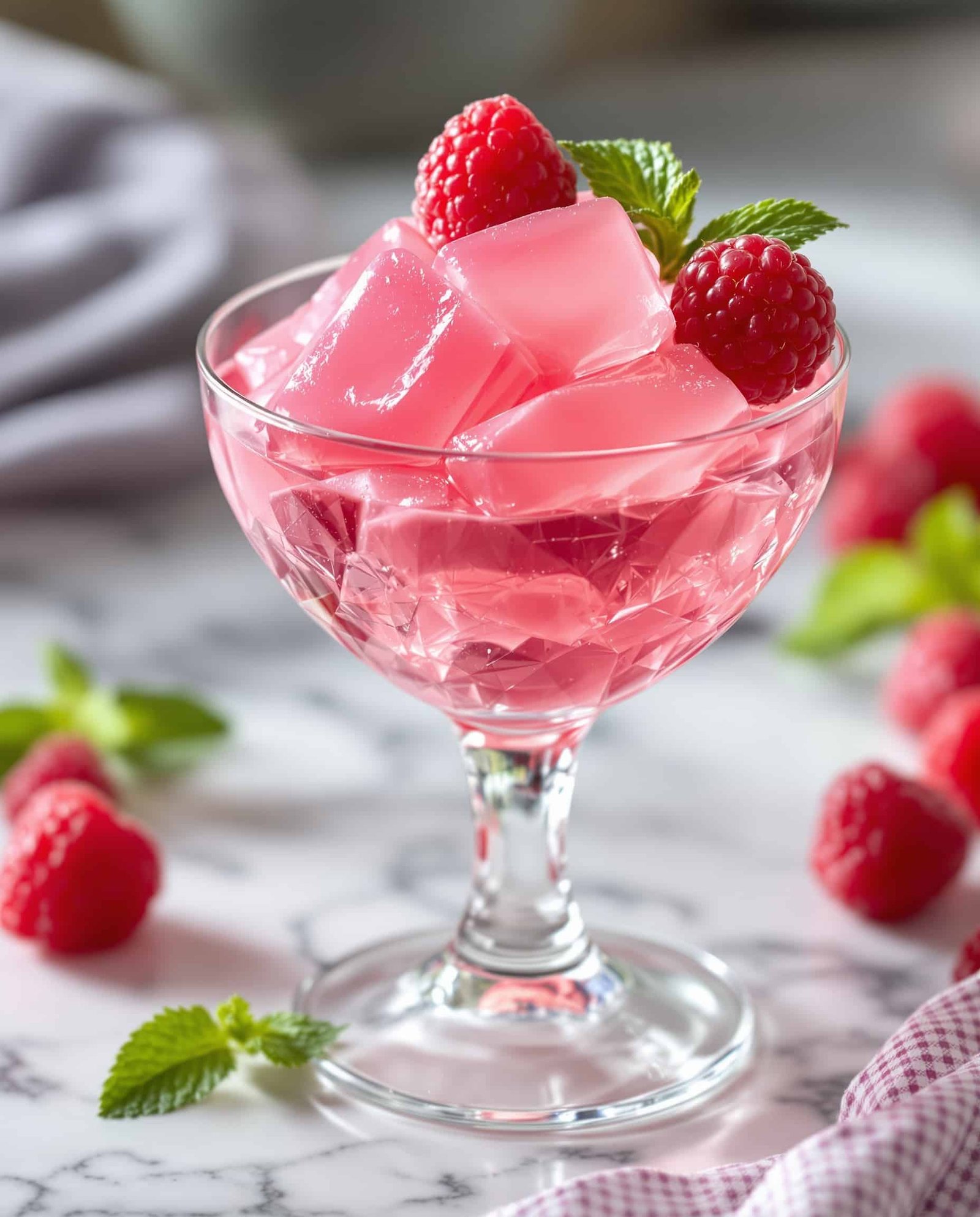 Close-up of pink gelatin trick recipe Dr Oz with fresh raspberries.