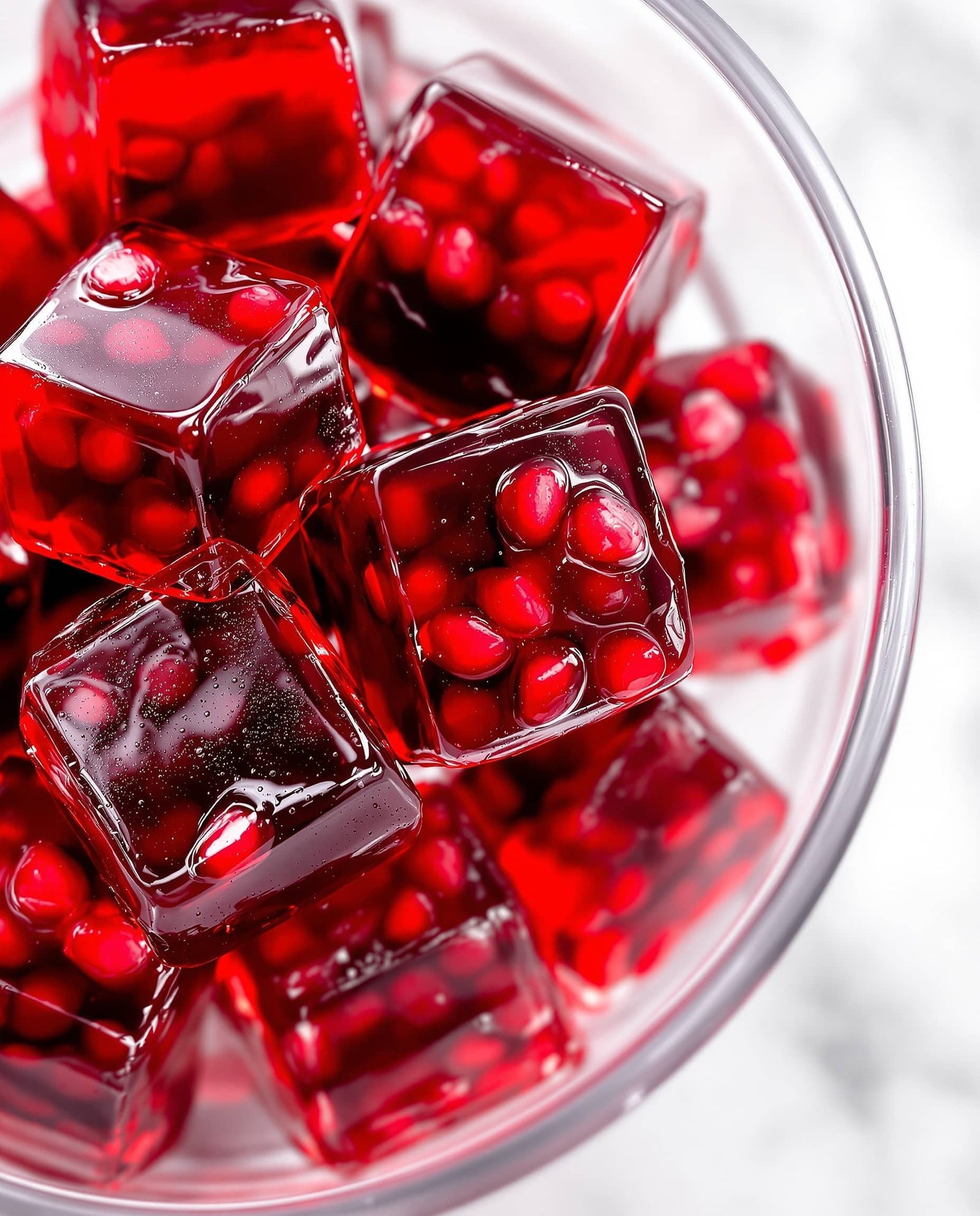 Close-up of jiggly pomegranate gelatin cubes.