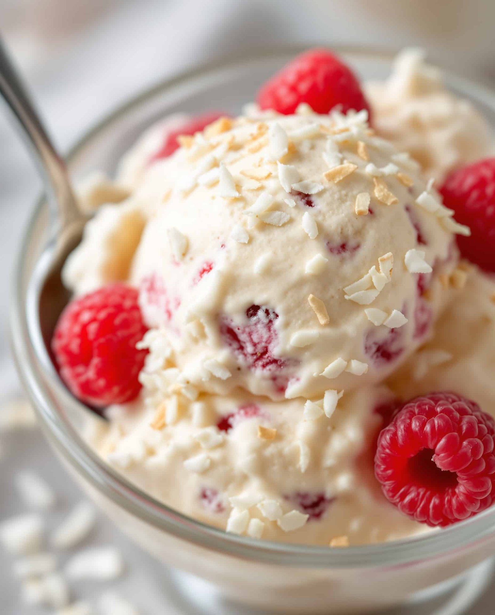Close-up of creamy vanilla protein ice cream, showing texture and raspberry garnish.