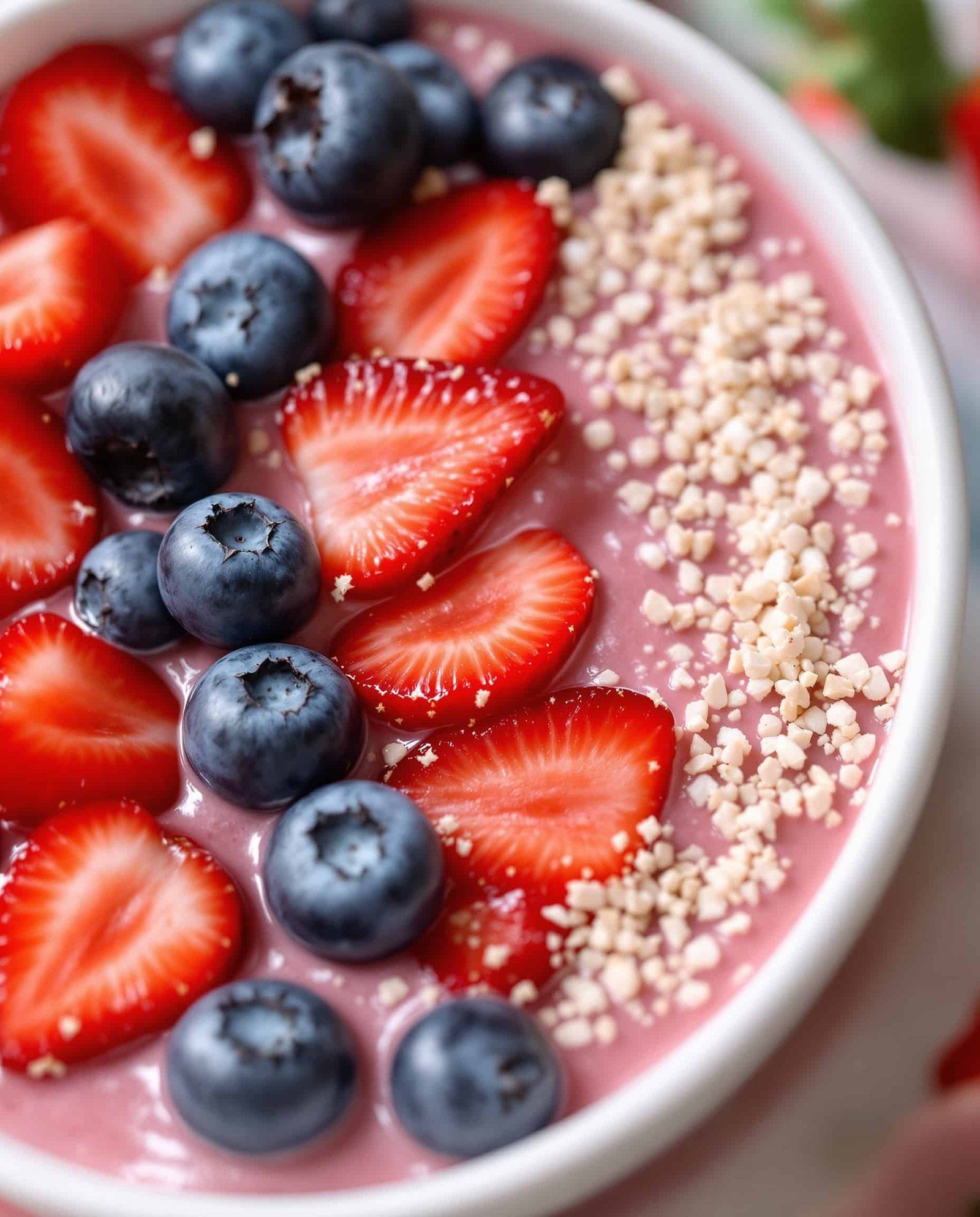 Close-up of rose-rouge strawberry collagen smoothie with berries.