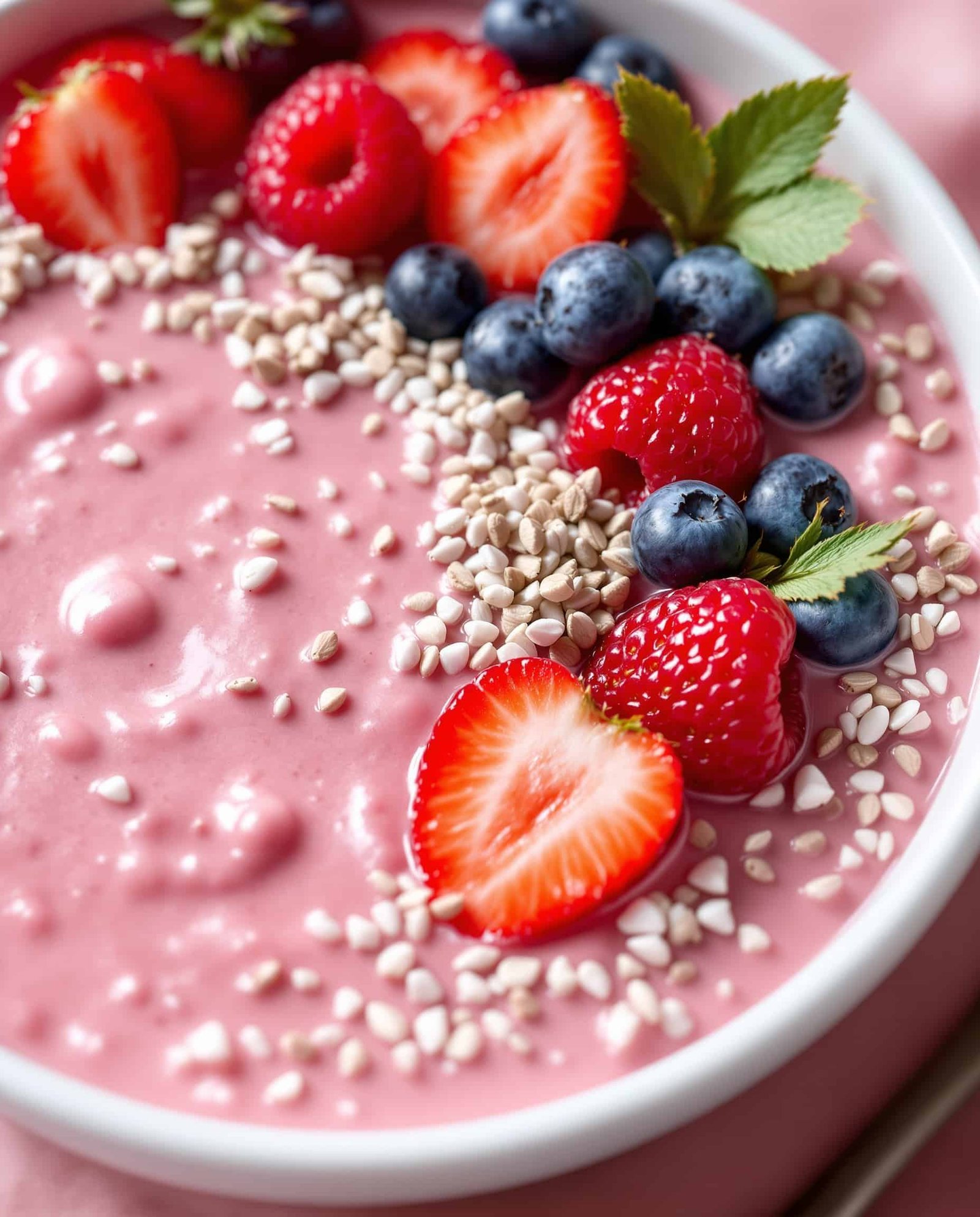 Close-up of rose-rouge strawberry collagen smoothie with berries.