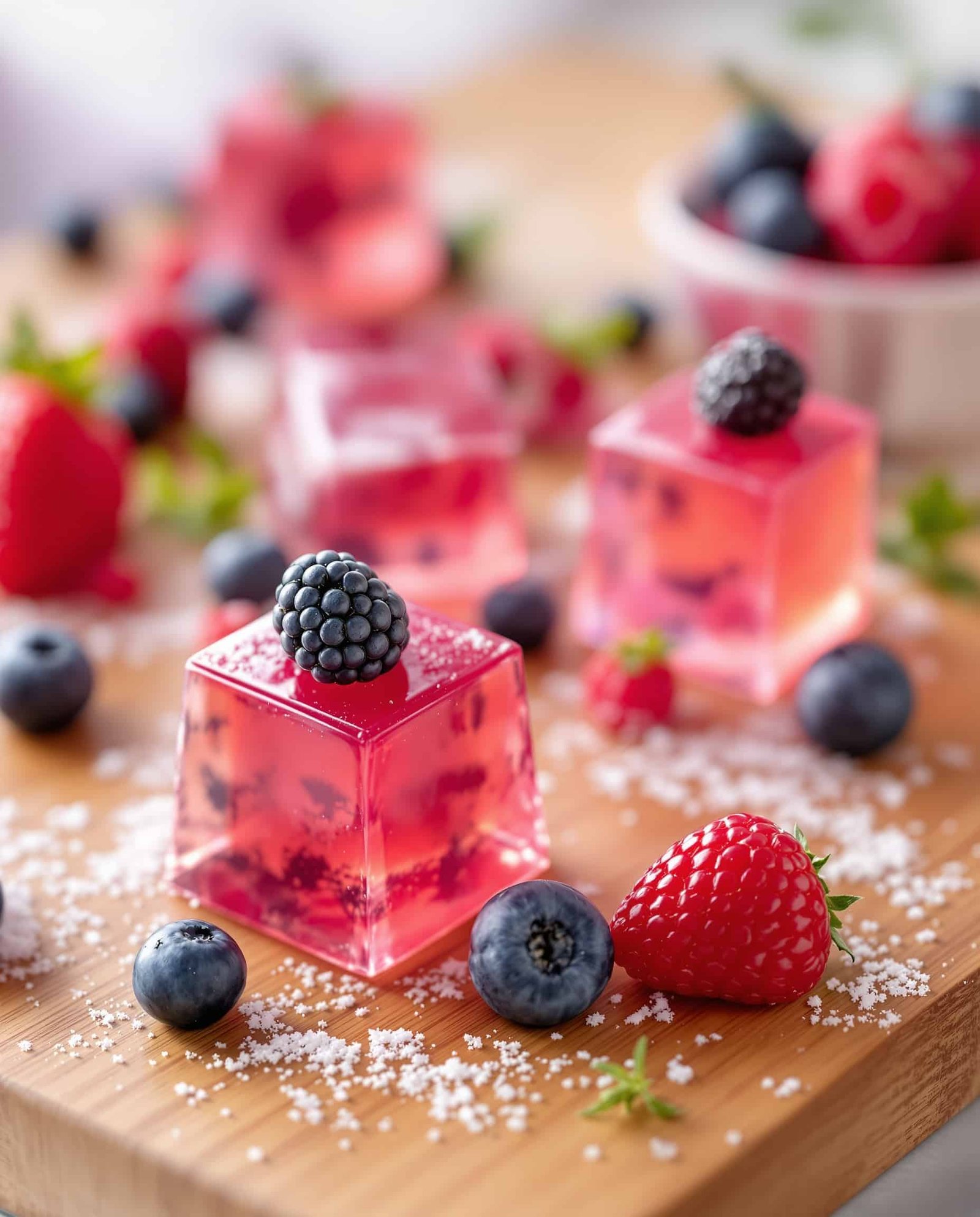 Close-up of rose-jaune strawberry lemon gelatin trick cubes with berries.
