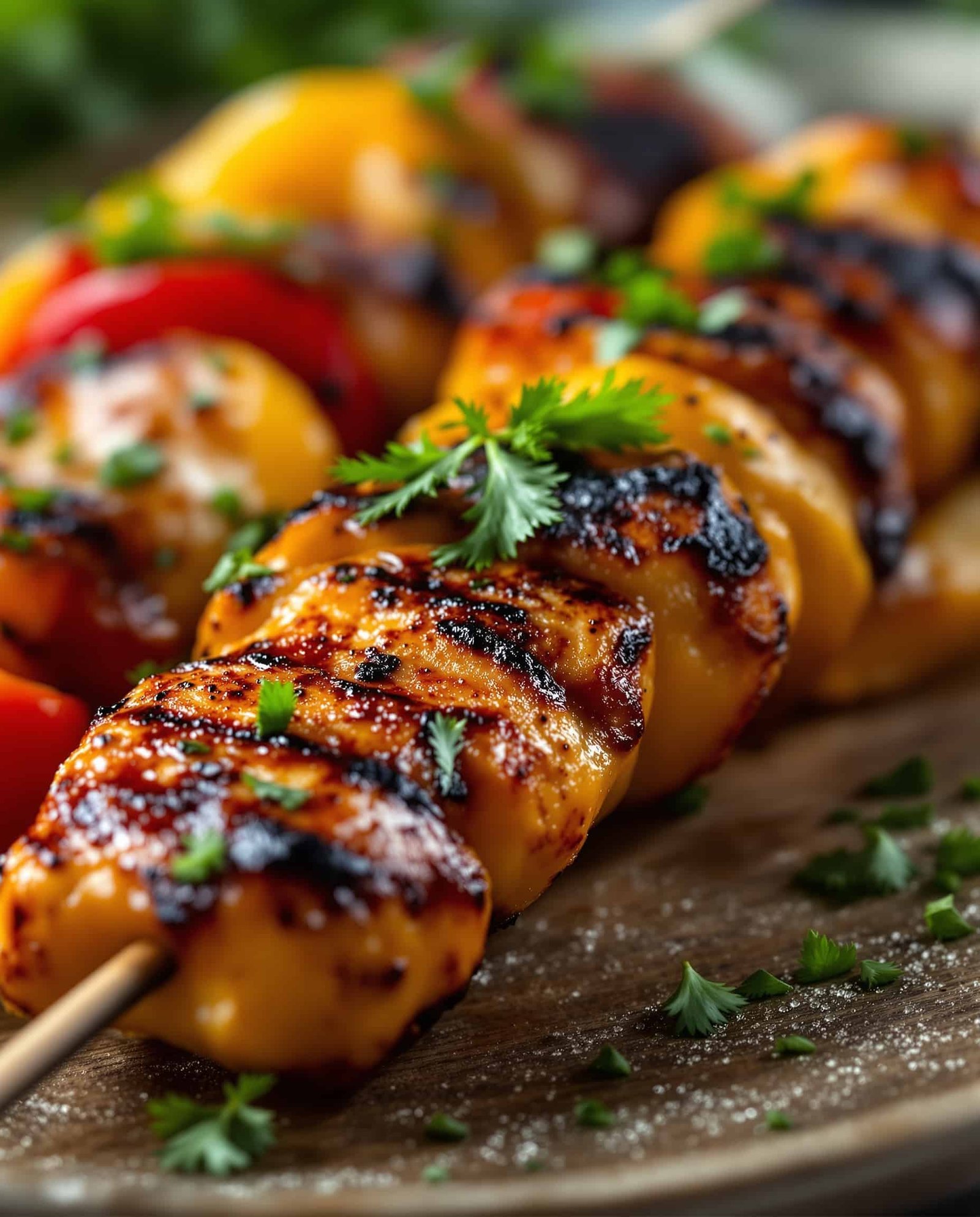 Close-up of a brun doré tortilla kebab skewer with grilled chicken and vegetables
