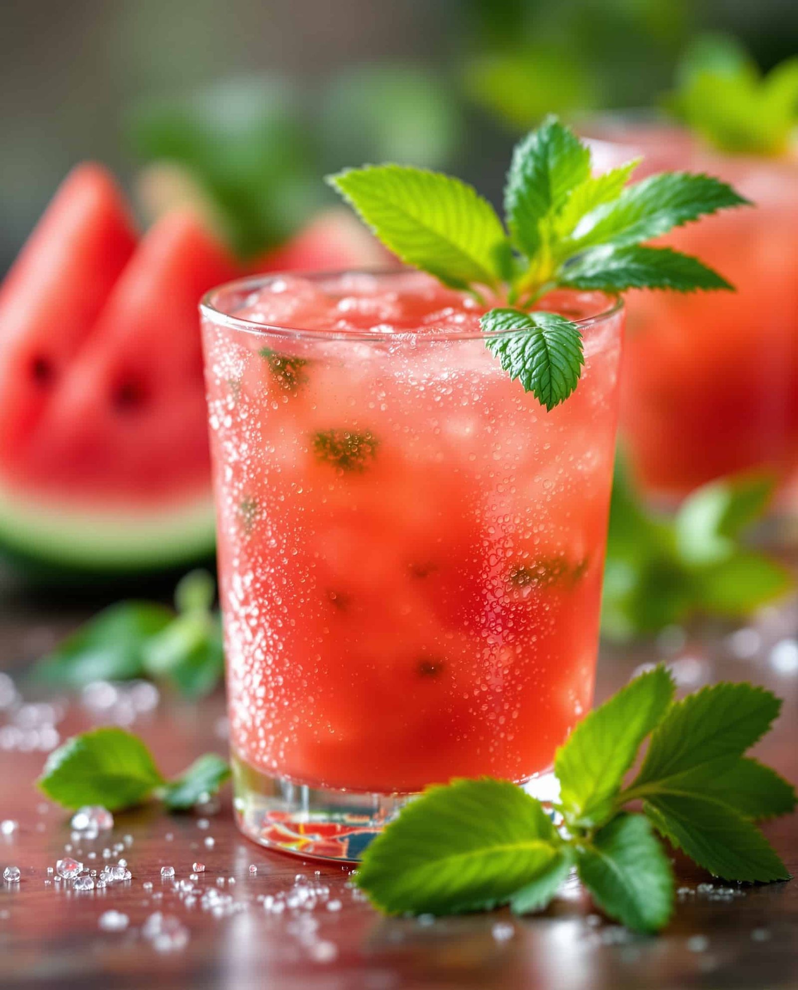 Close-up of rouge-vert watermelon anti-inflammatory juice with mint.