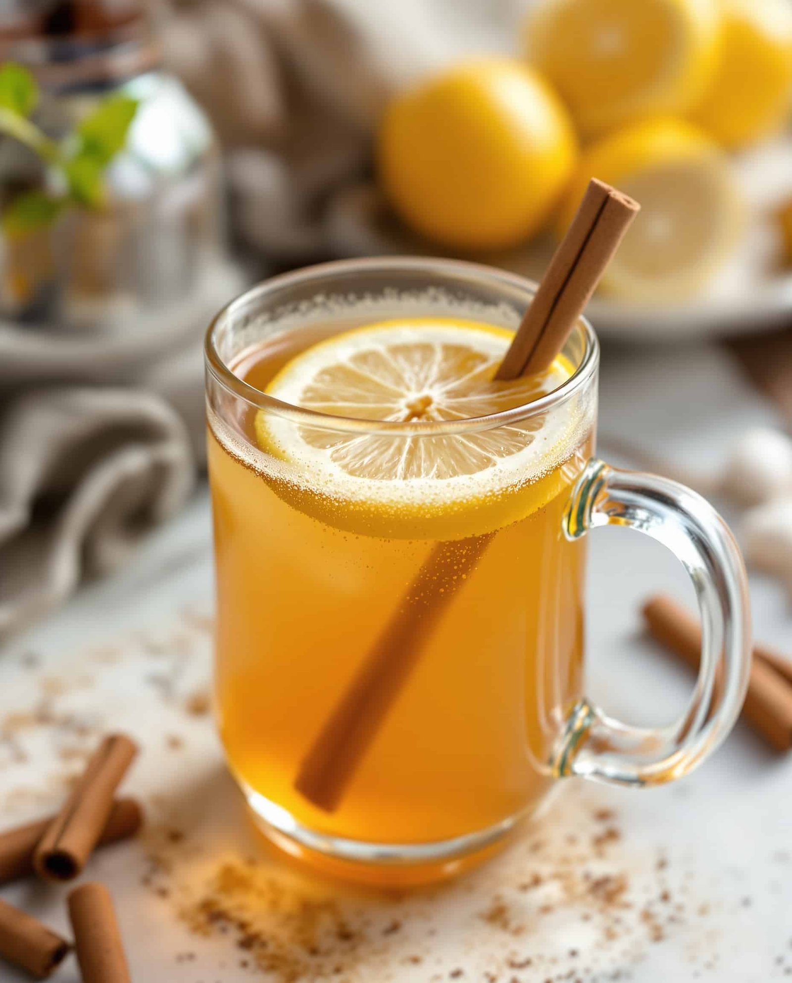 Close-up of ACV cortisol drink with lemon and cinnamon stick.