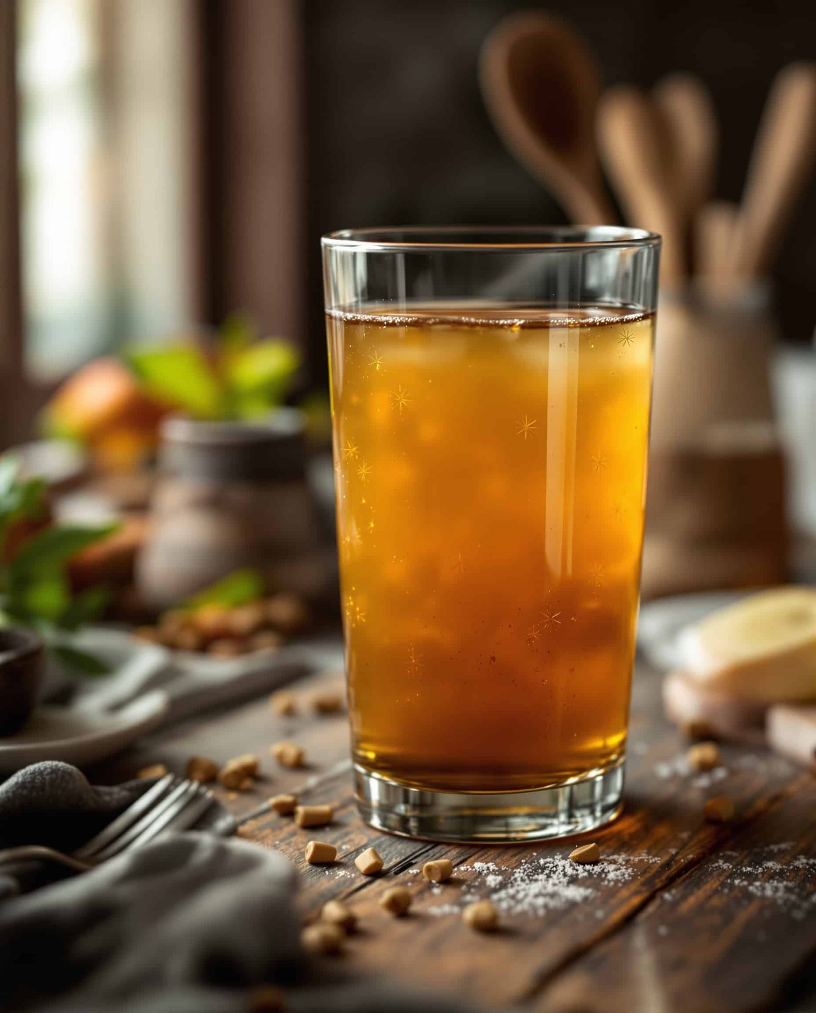 Close-up of ambre-doré ACV drink in warm glass.