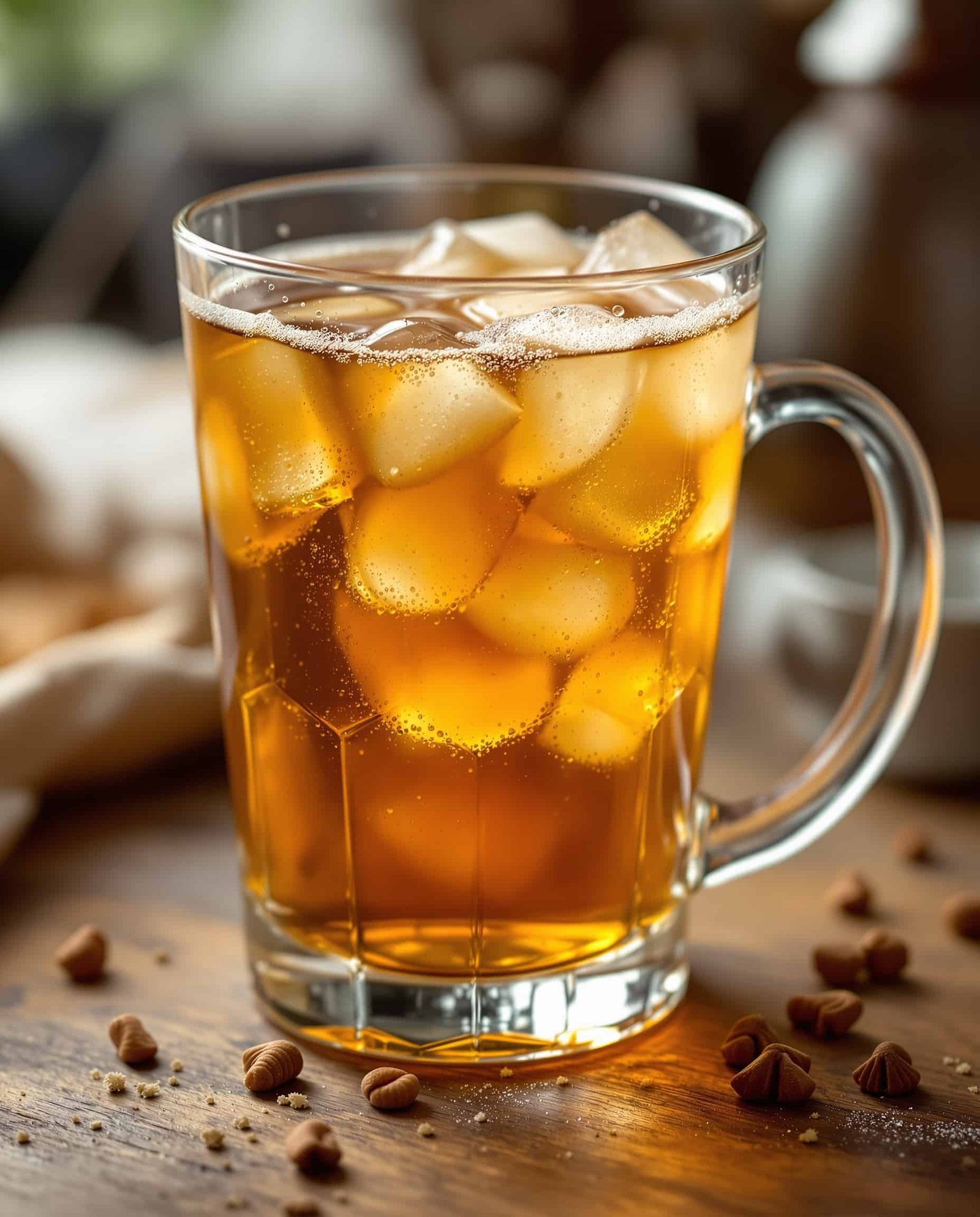Close-up of ambre-doré ACV drink in glass.