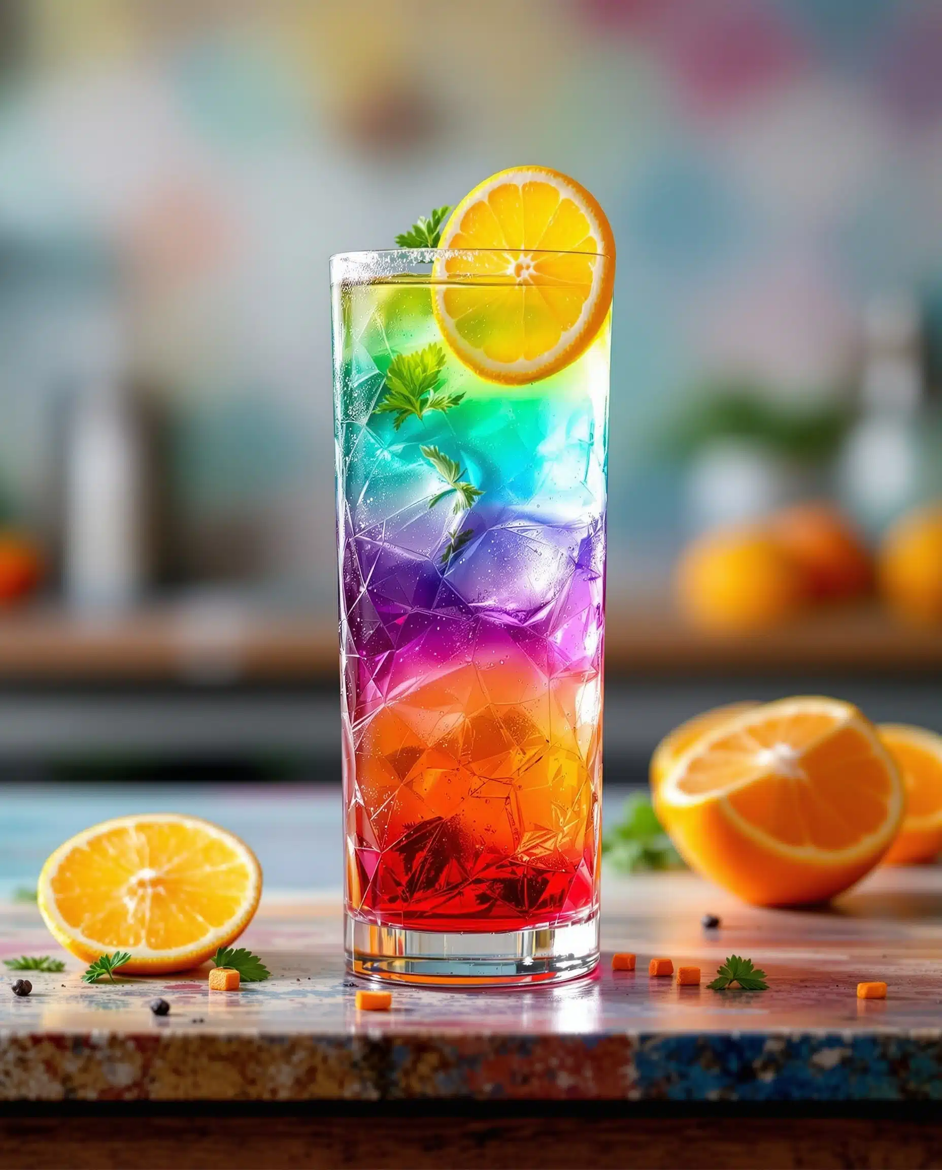 Close-up of multicolore adrenal cocktail with citrus garnish.