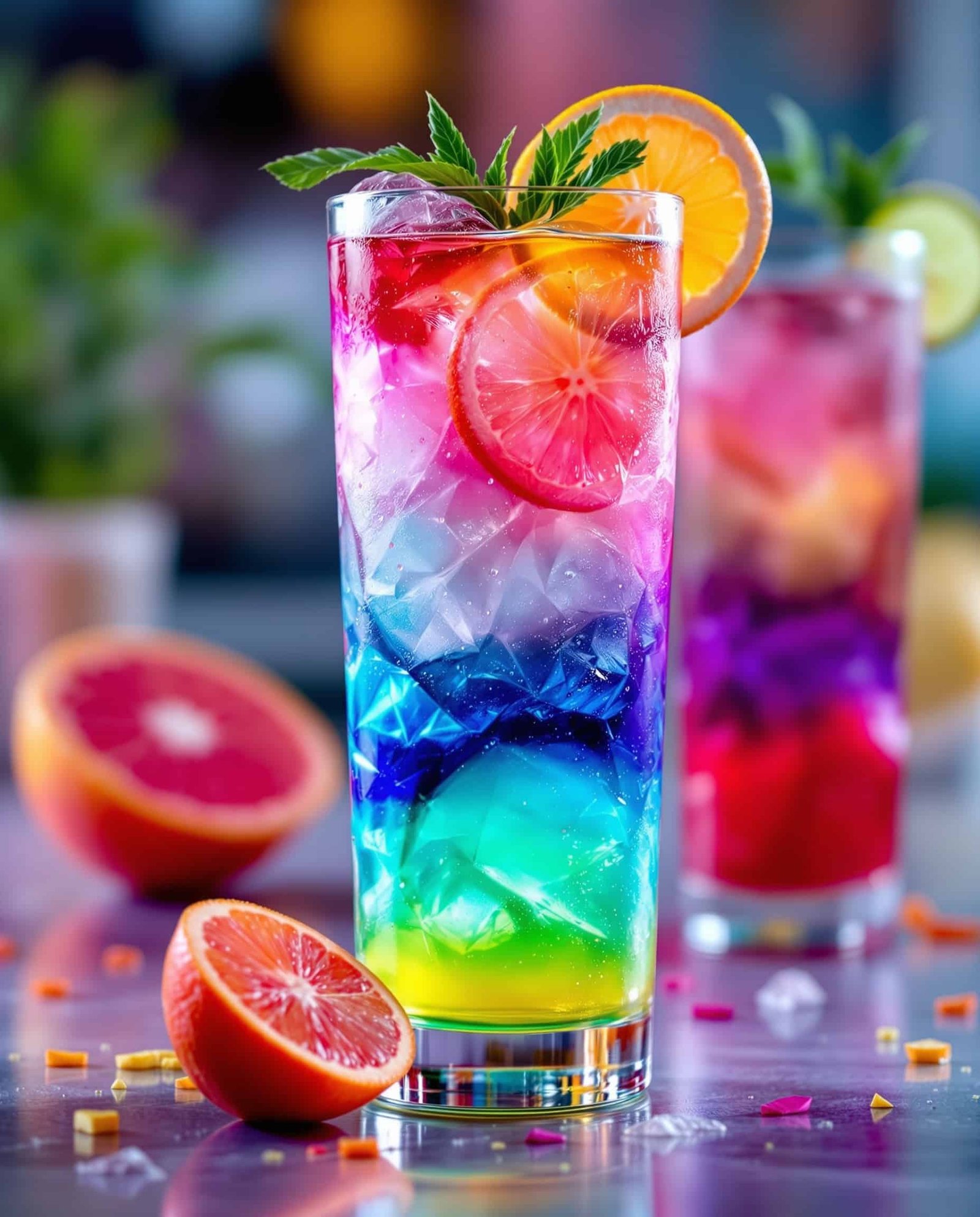 Close-up of vibrant multicolore adrenal cocktail with citrus garnish.
