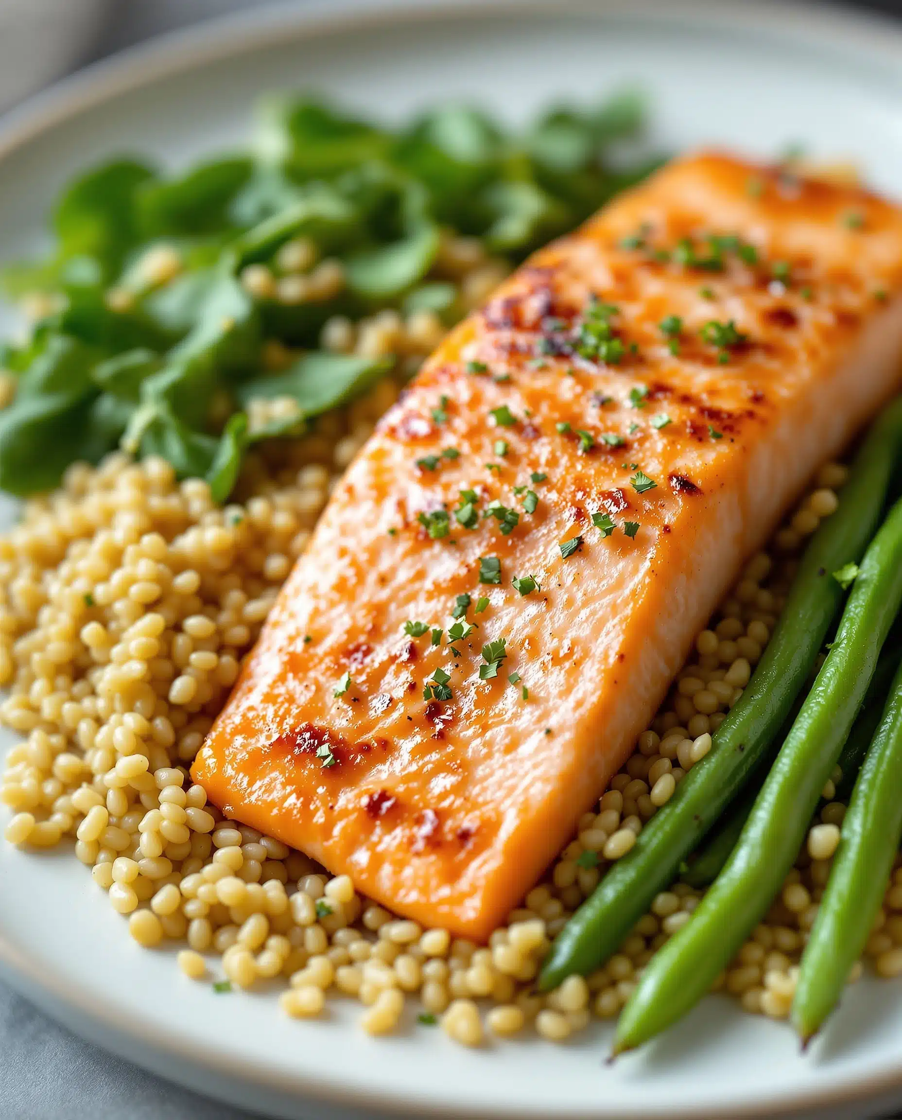 Close-up of beige-doré salmon, quinoa, and greens after Ozempic diet recipe.