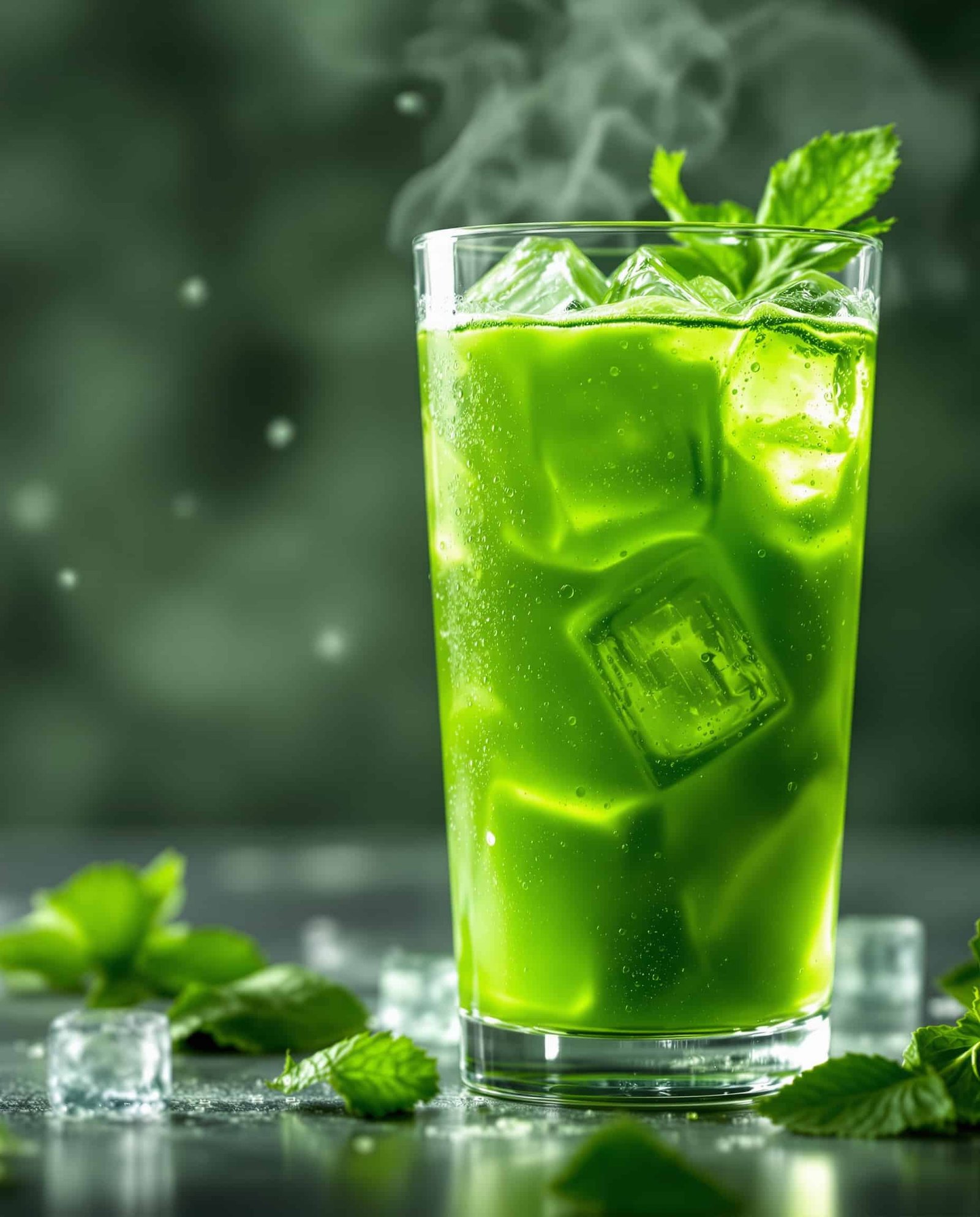 Close-up of vibrant green anti-inflammatory juice with ice.