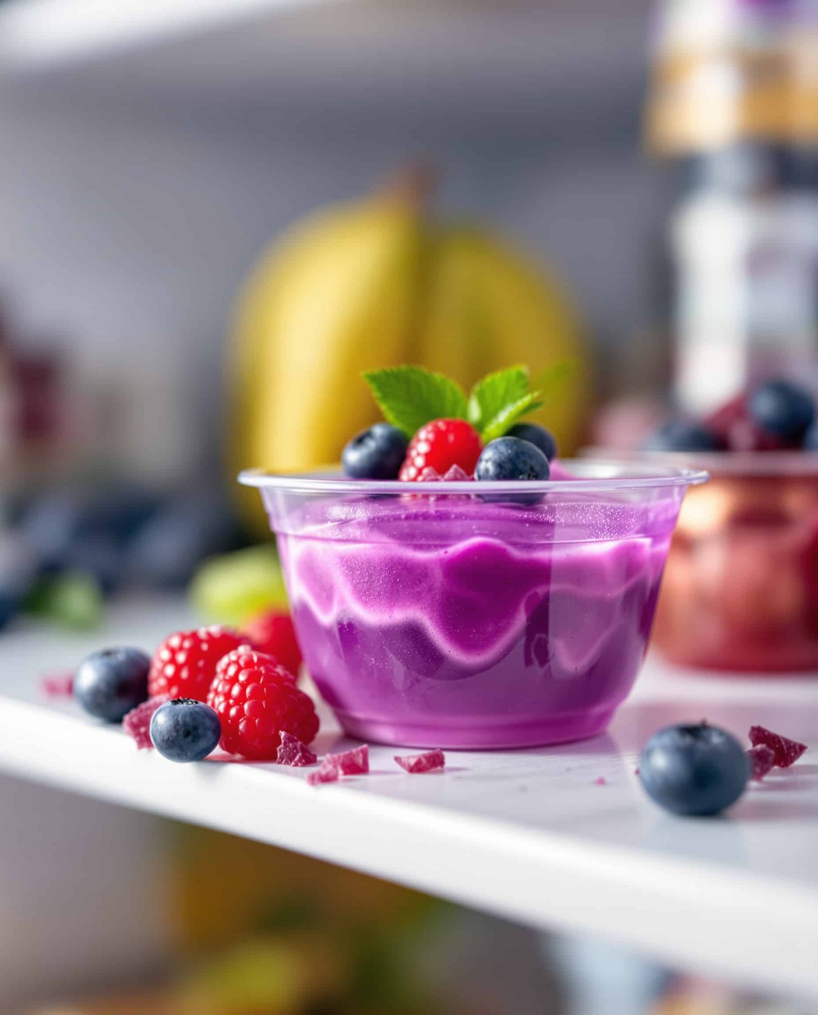 Close-up of a deep purple bariatric friendly jello snack with berry garnish.
