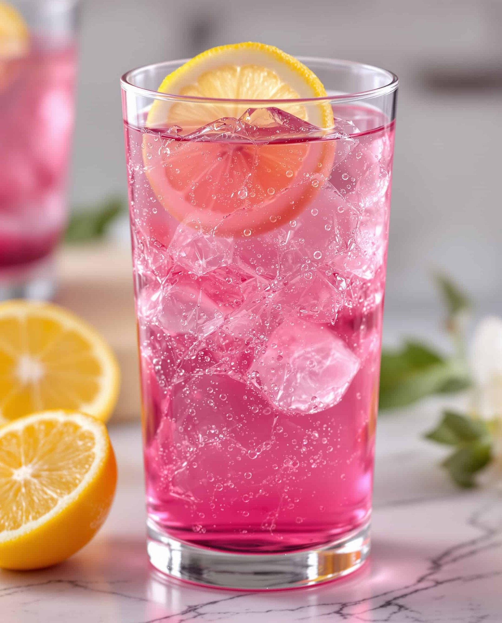 Close-up of violet-rose bariatric gelatin drink with lemon.