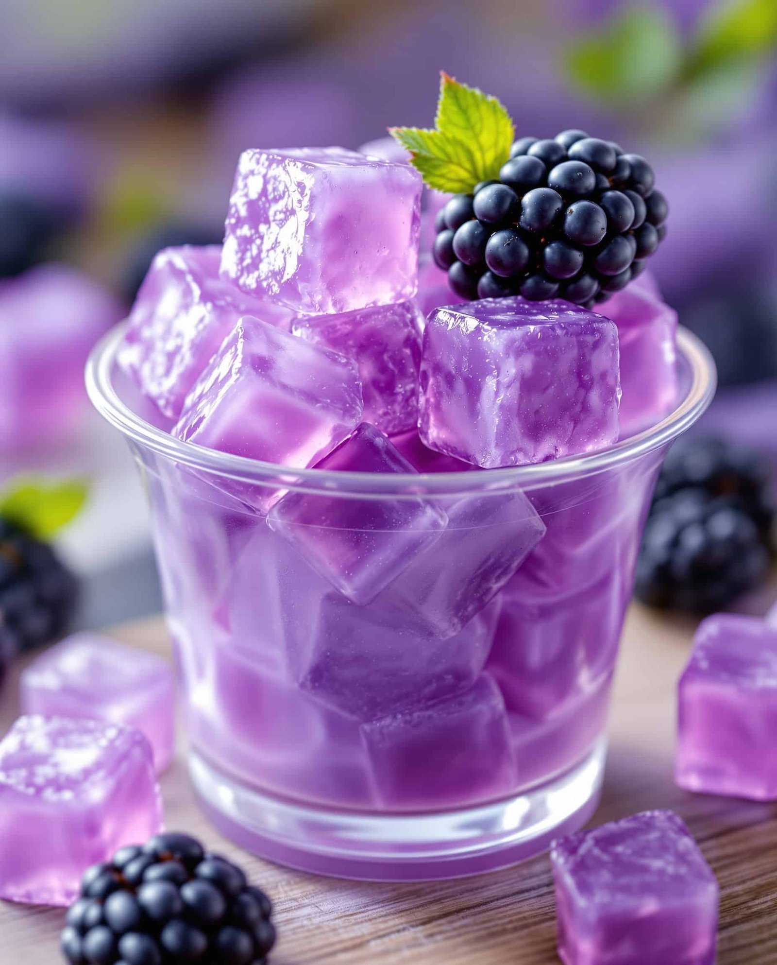 Close-up of violet pastel protein cubes, sugar-free, bariatric gelatin recipe