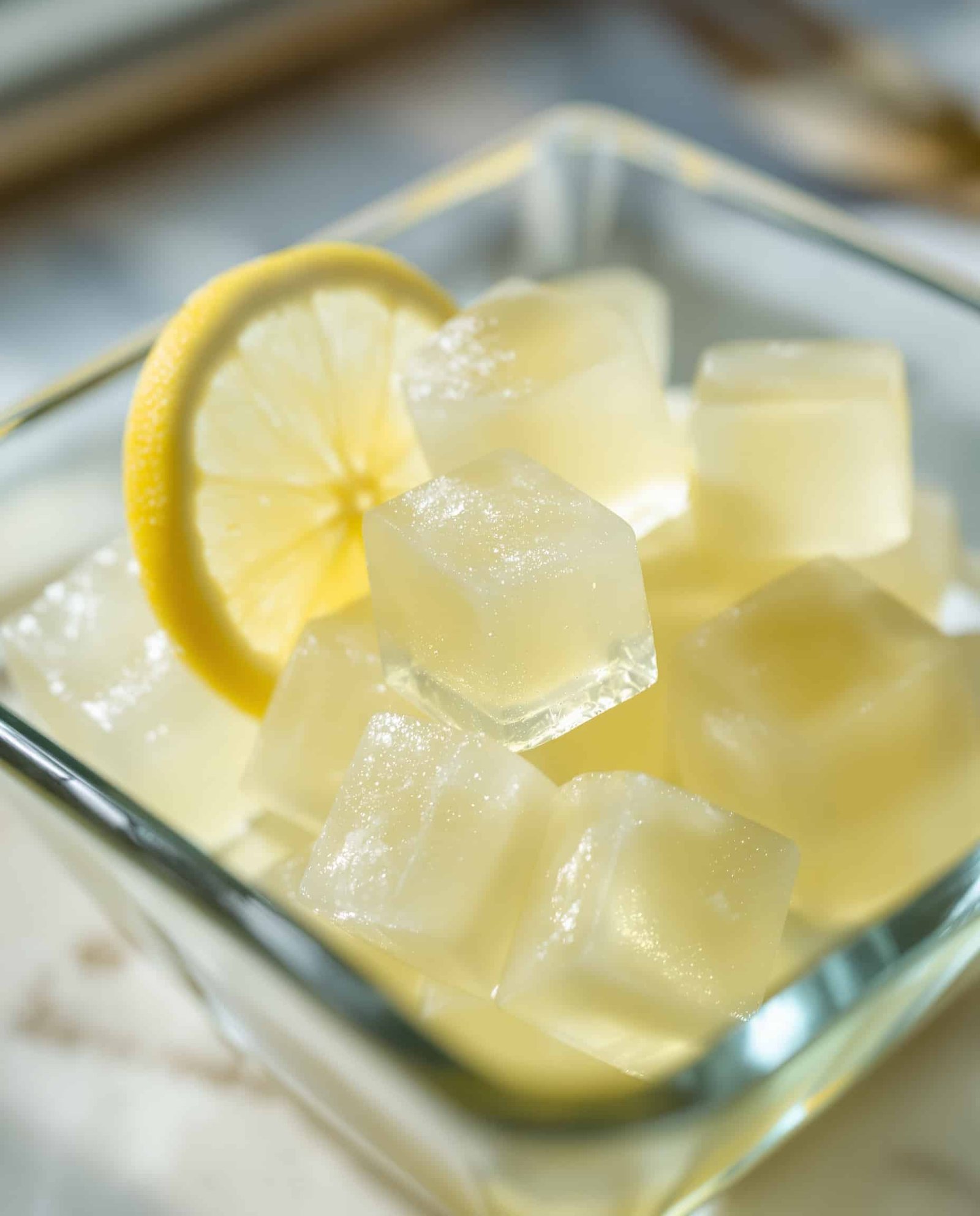Close-up of transparent, low-calorie bariatric gelatin cubes.