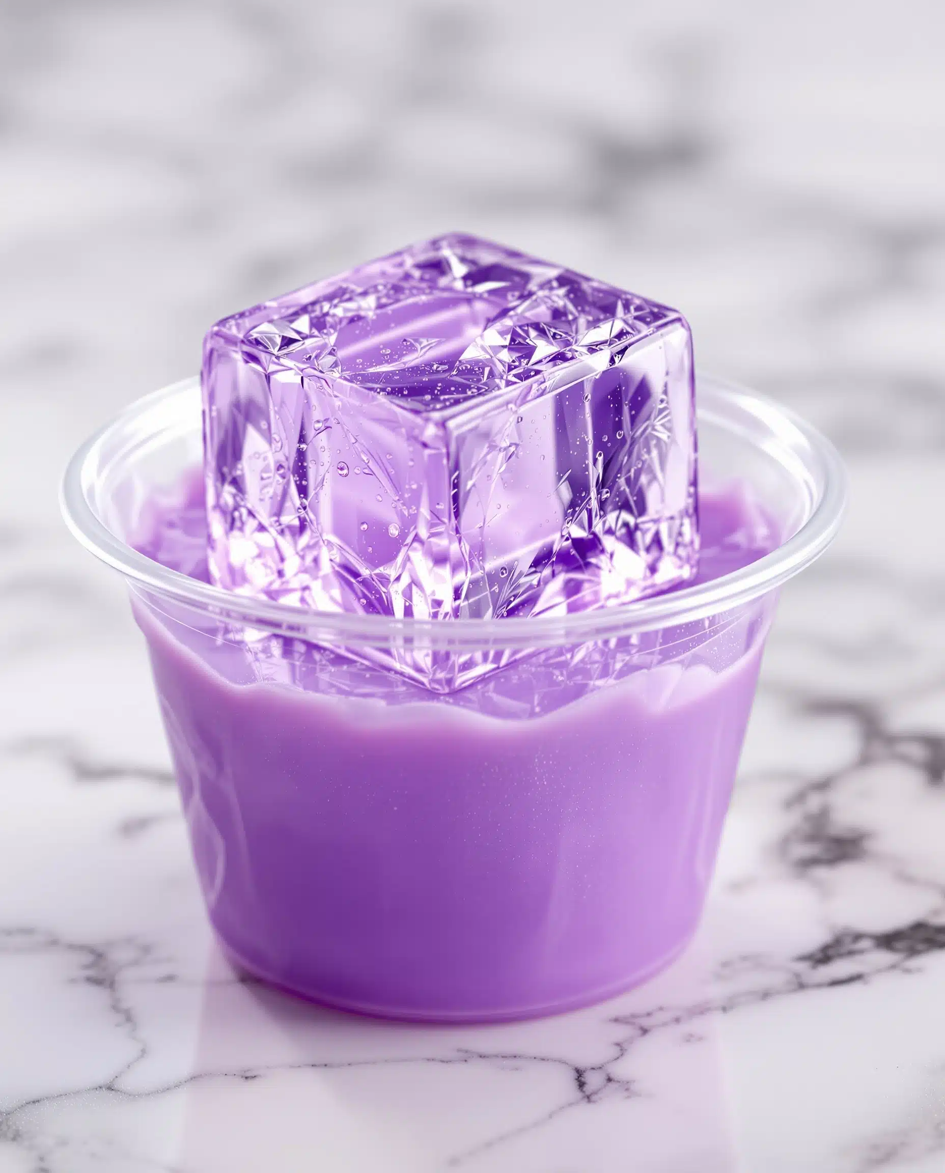Close-up of a single violet pastel protein cube in a portion cup for bariatric gelatin recipe.