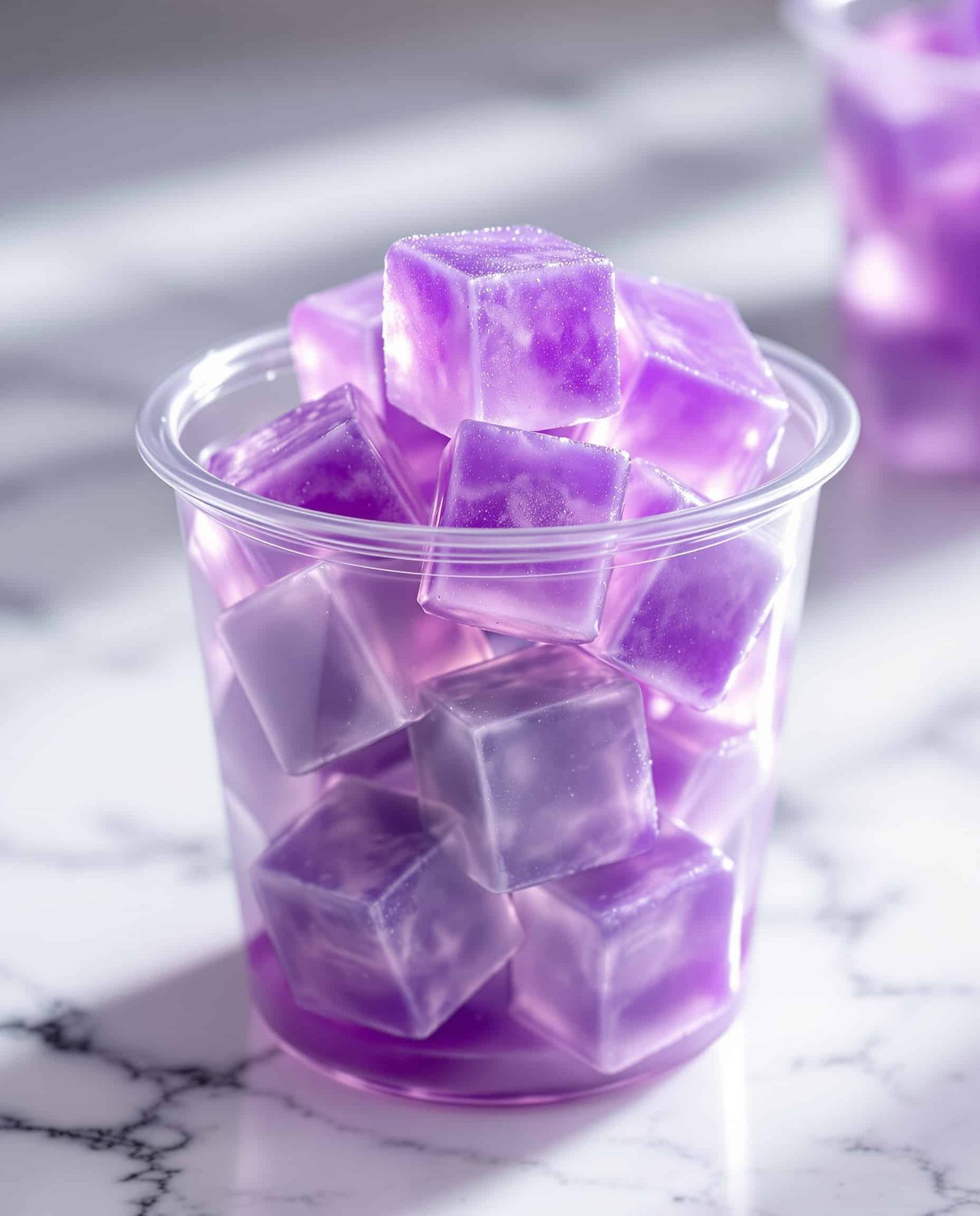 Close-up of deep purple bariatric surgery gelatin cubes in a clear portion cup.
