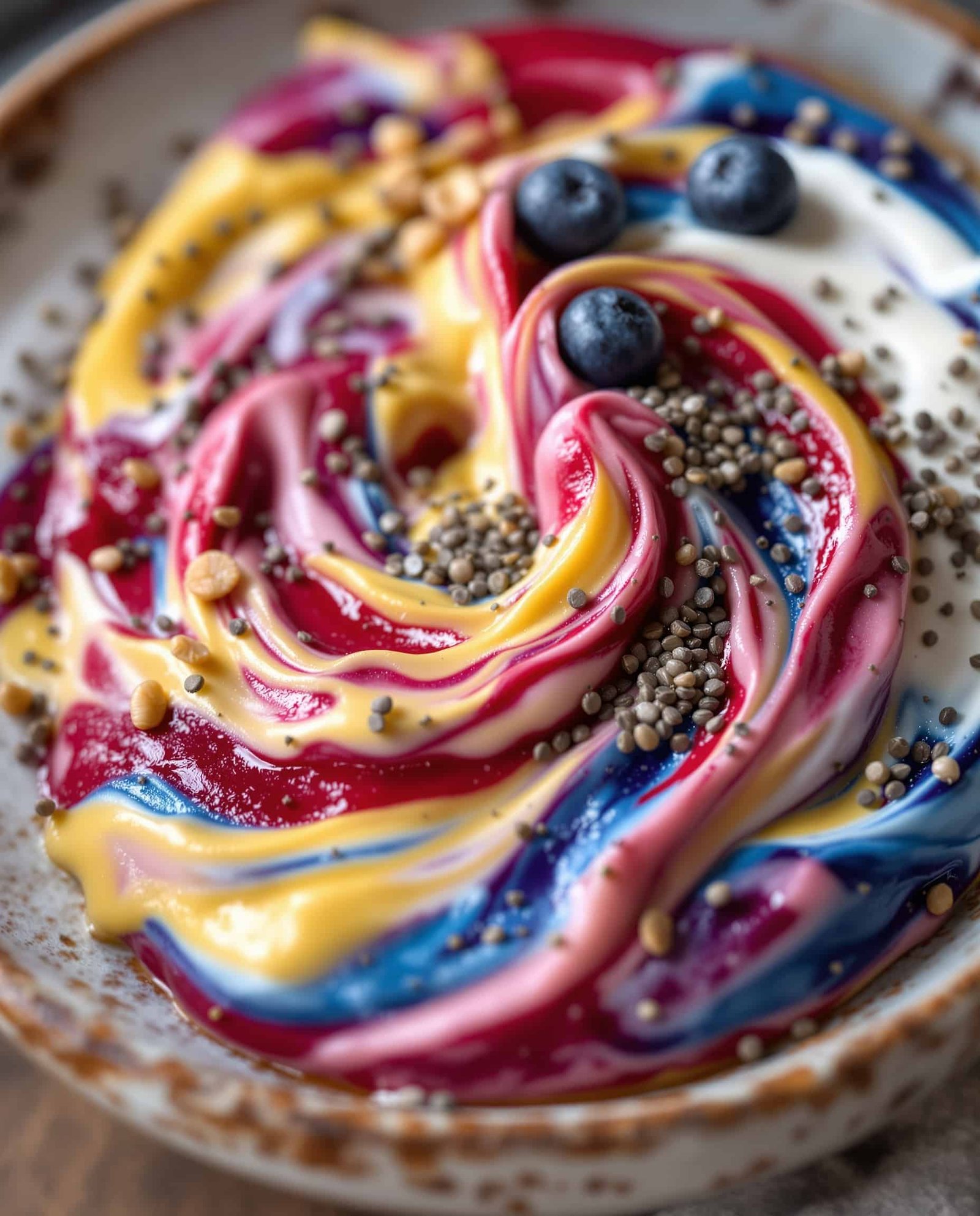 Close-up of multicolored berry swirl blood sugar dessert.