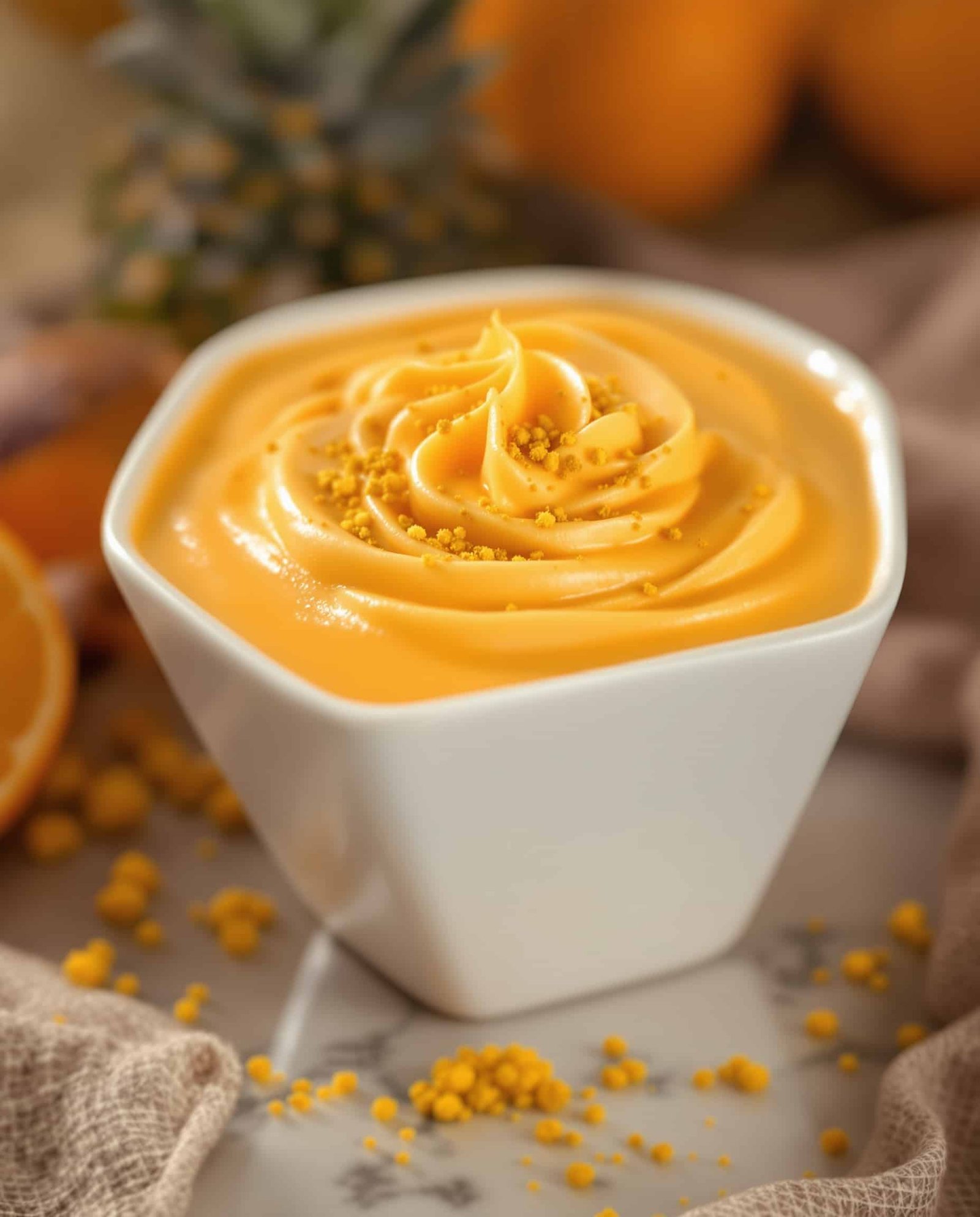 Close-up of vibrant collagen mango smoothie bee pollen with golden garnish.