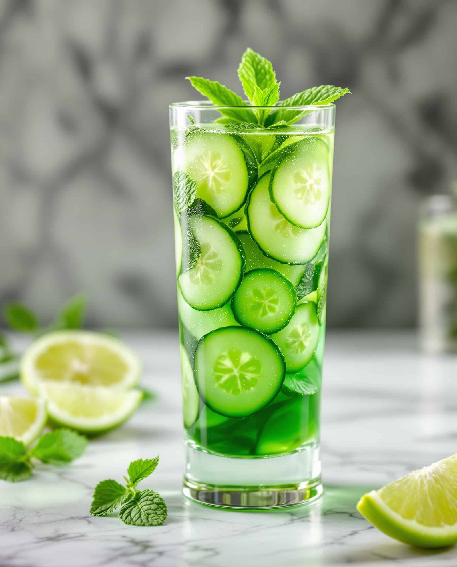 Close-up of refreshing cucumber detox drink with mint and lemon.