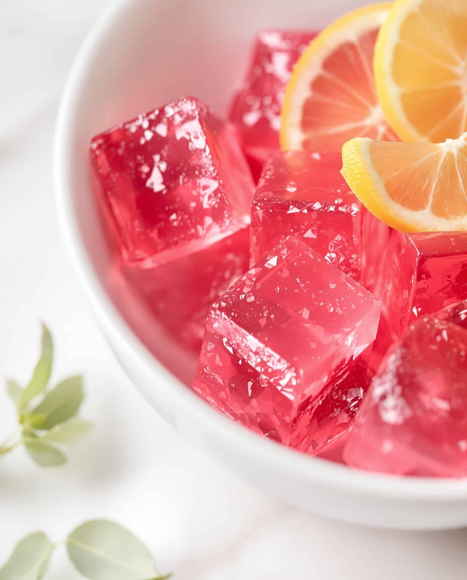 Close-up of jiggly rose-rouge gelatin cubes with lemon, supporting the Dr. Jennifer Ashton gelatin trick.