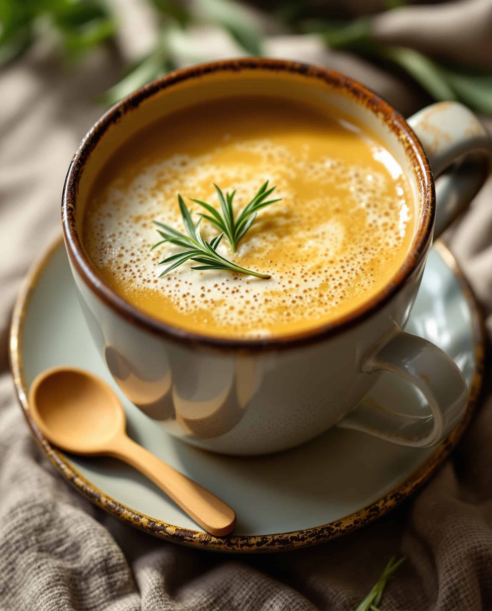 Close-up of creamy vert-doré longevity mug with rosemary.