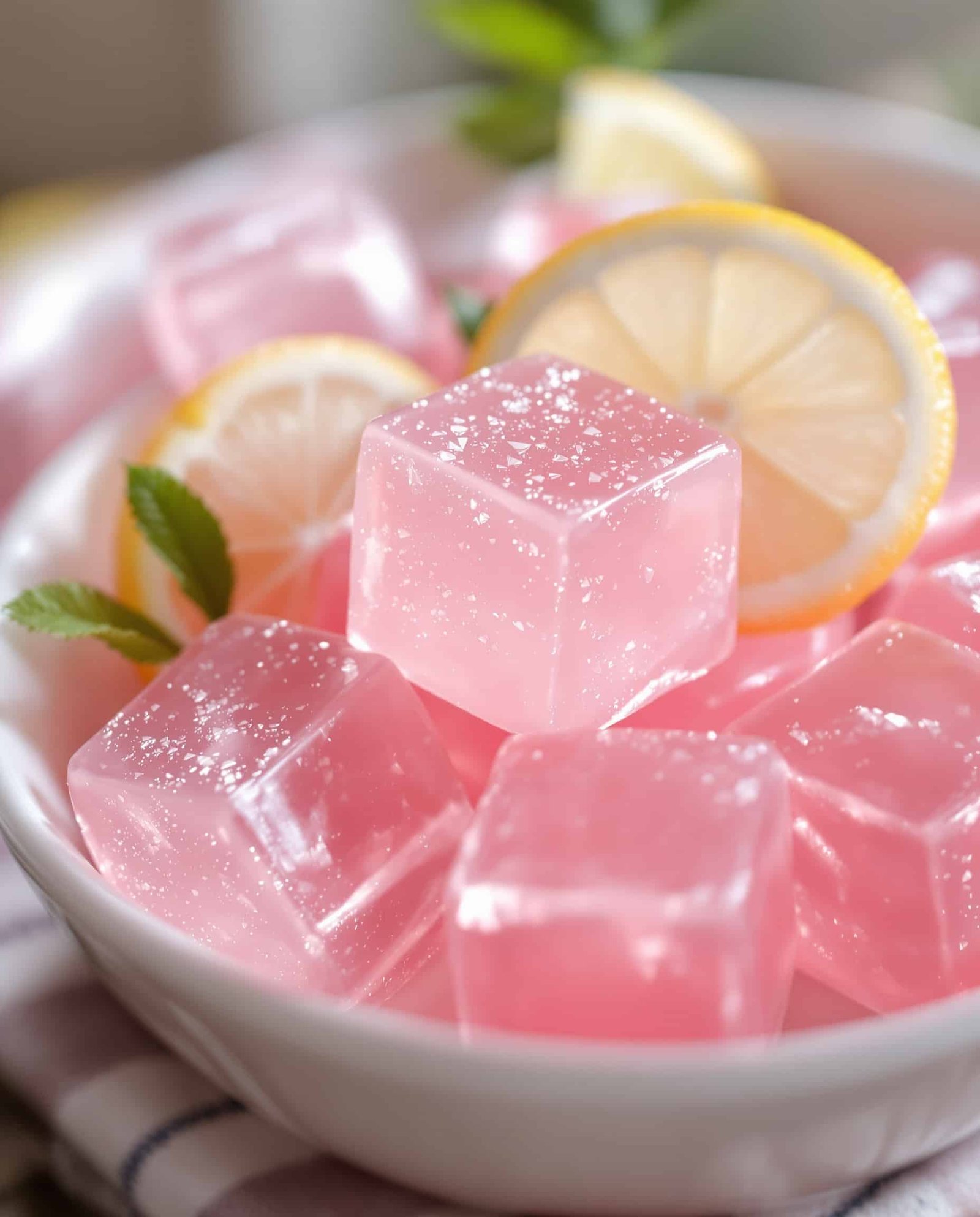 Close-up of rose-transparent pink gelatin with lemon slice, Dr Oz bariatric weight loss recipe.