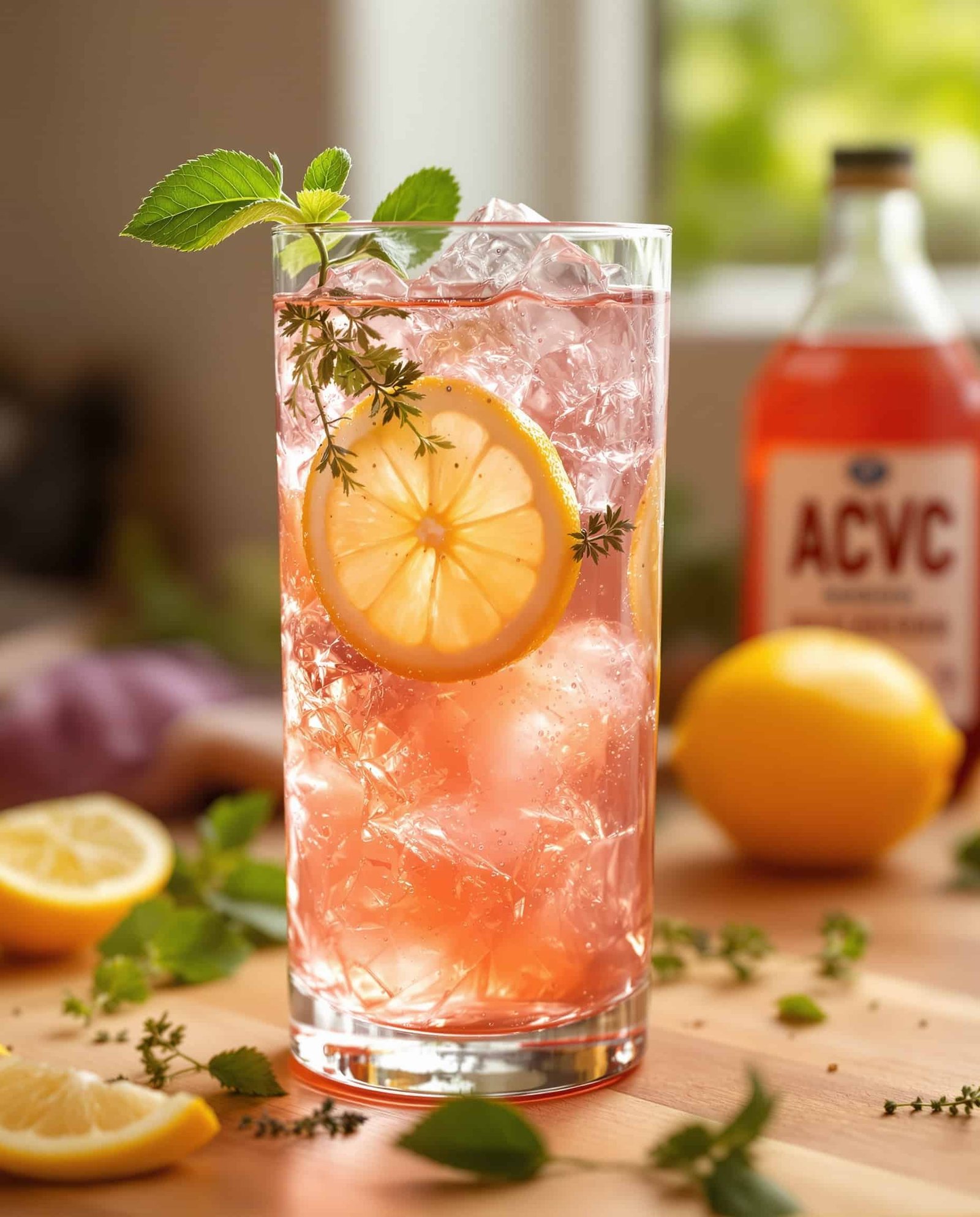 Close-up of ambre-rose Dr Oz natural weight loss drink with lemon and herbs.