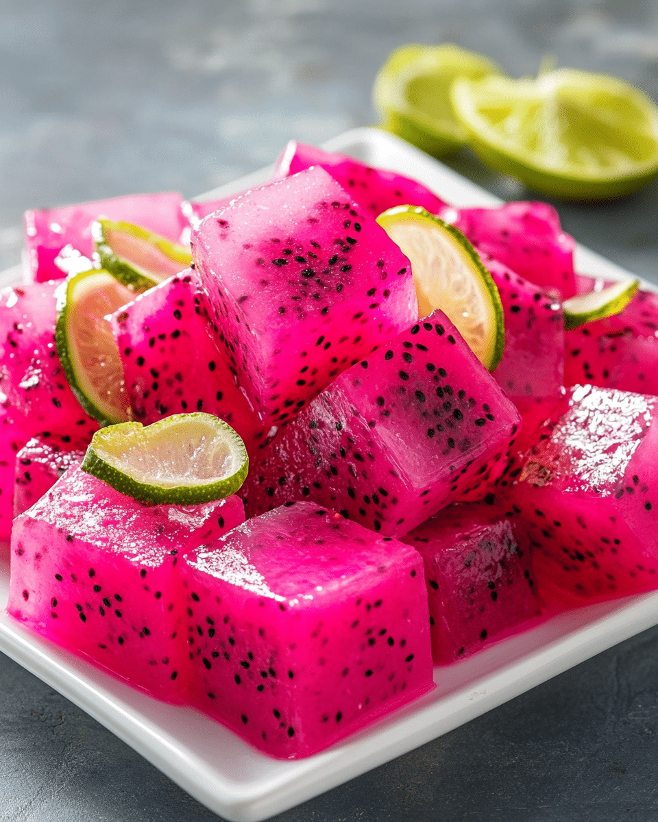 Close up of dragon fruit jello cube