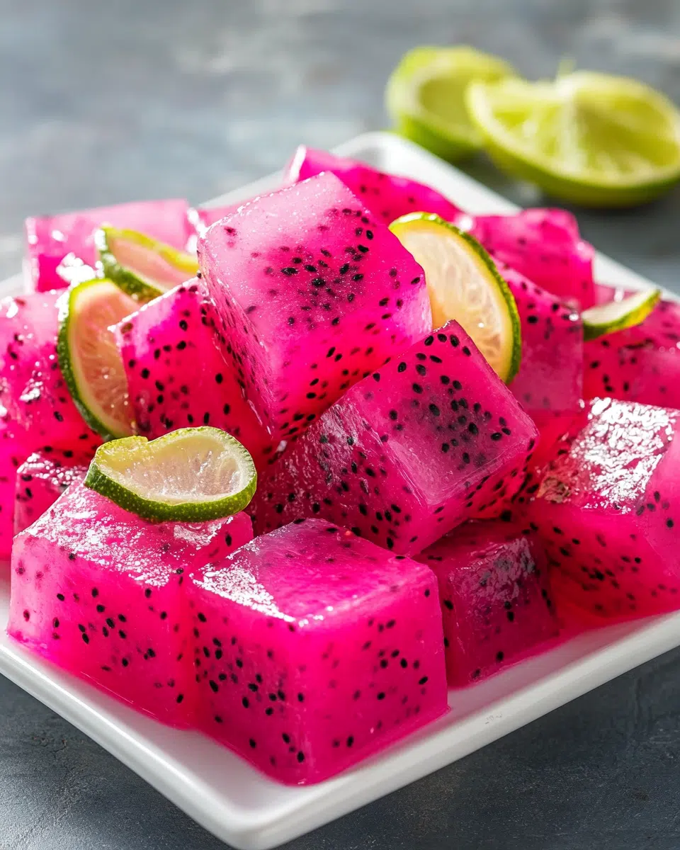 Close up of dragon fruit jello cube