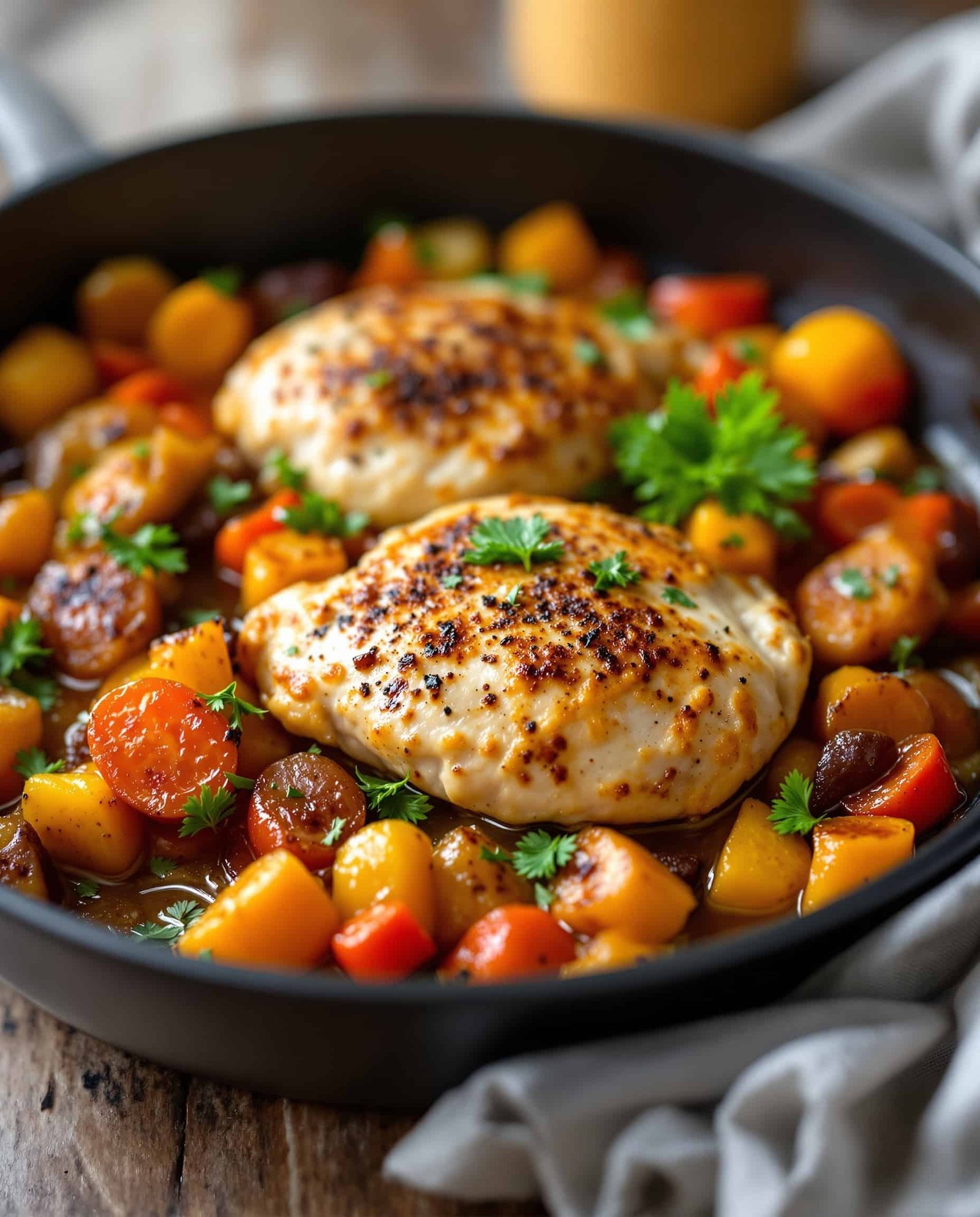 Close-up of brun-doré anti-UPF dinner chicken and veggie bake with fresh parsley.