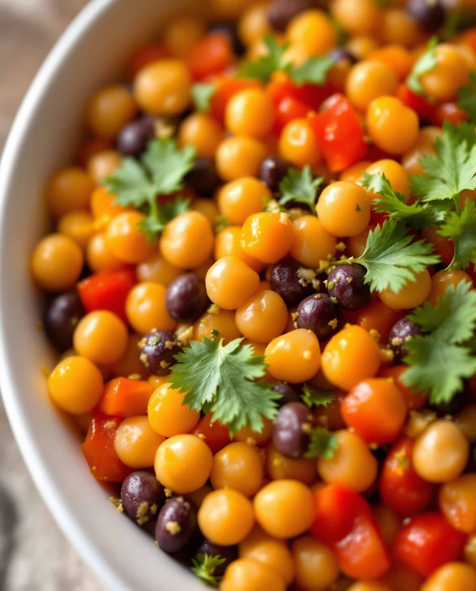 Close-up vert-orange fibermaxxing chickpea black bean salad with lemon dressing