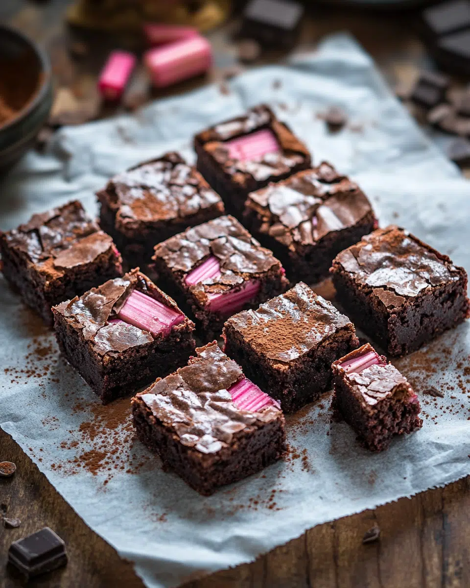 Close-up of a fudgy rhubarb brownie