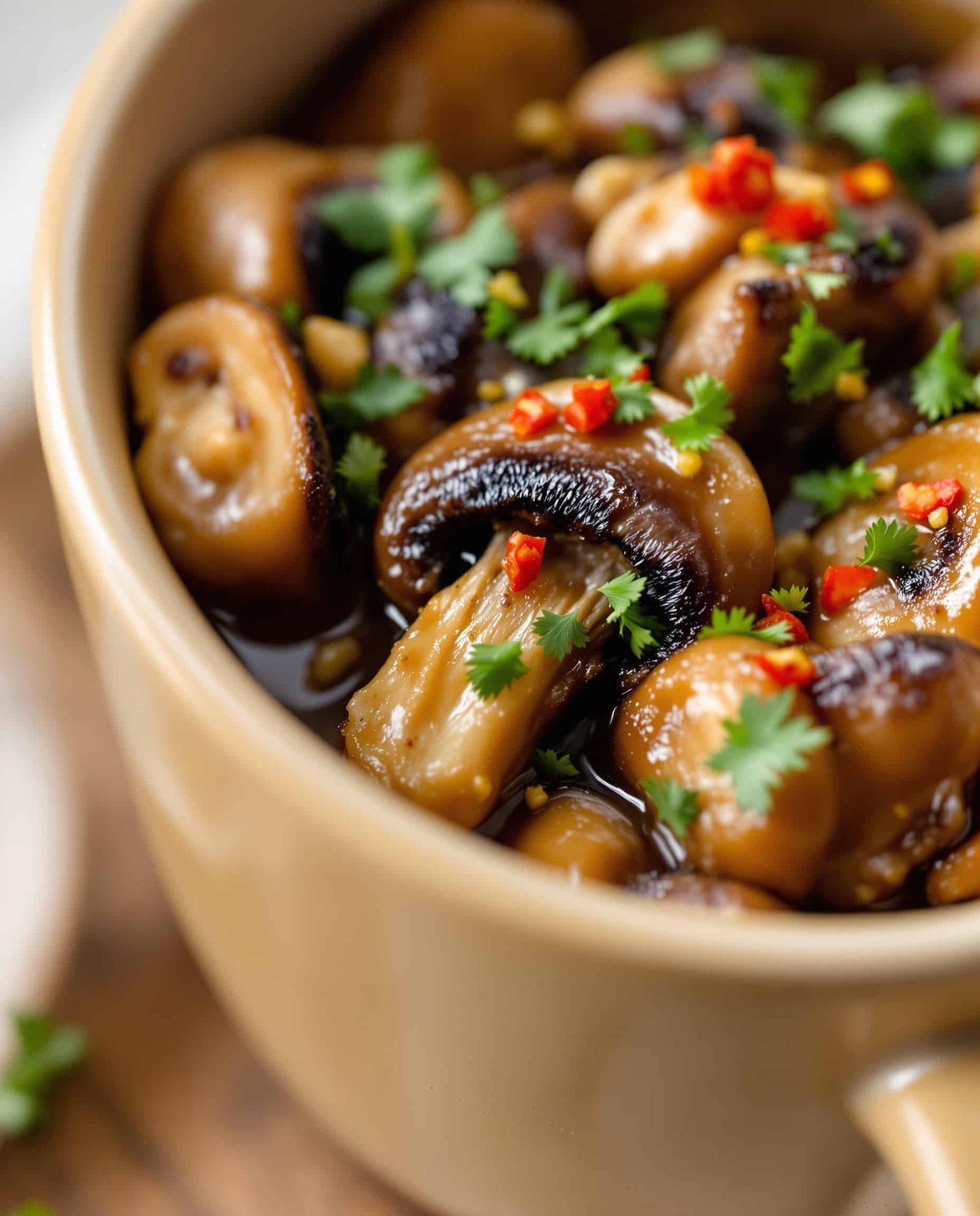 Close-up of functional mushroom recipe in beige ceramic mug.