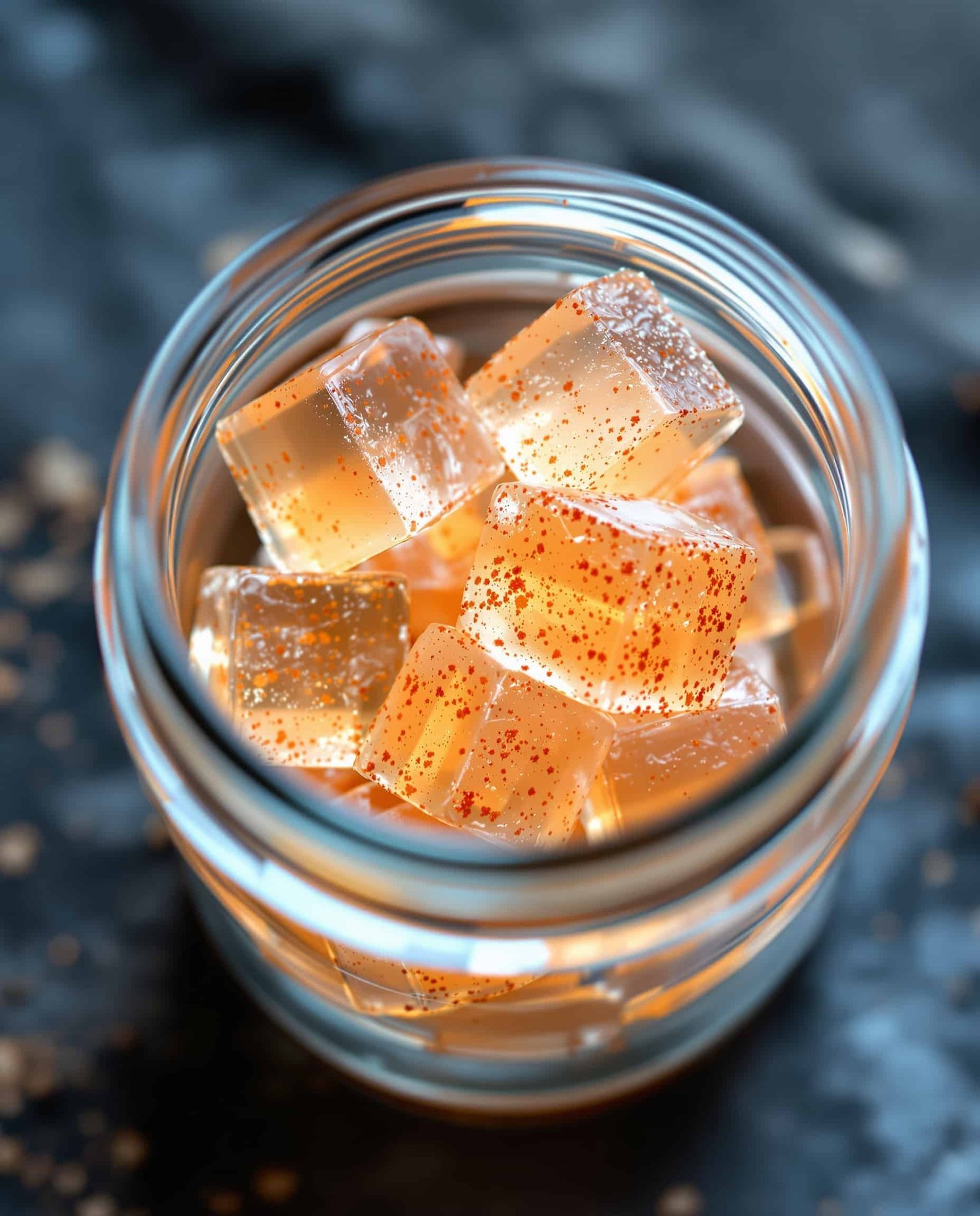 Close-up of orange-rose cayenne gelatin cubes.