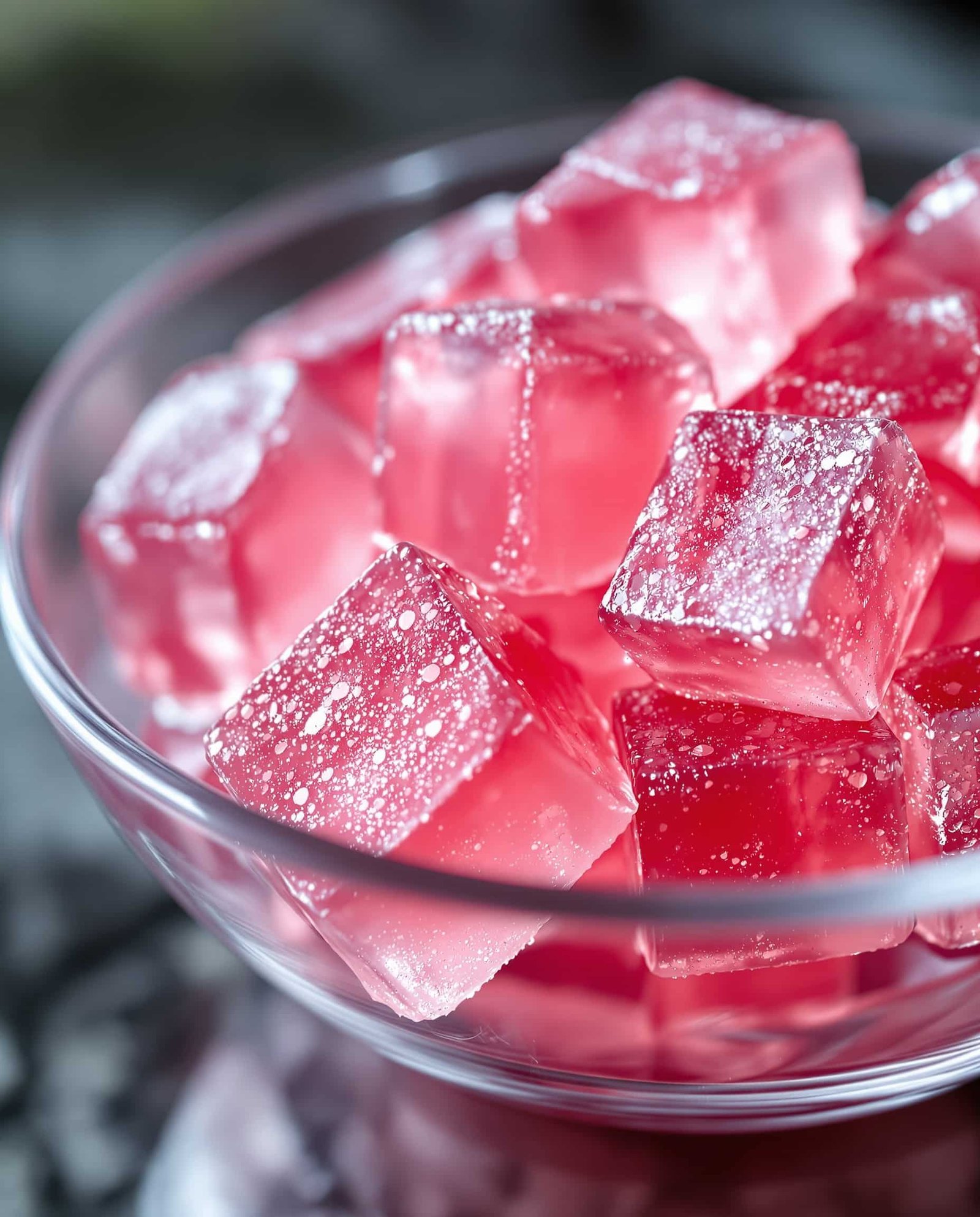 Close-up of rose-transparent gelatin trick with inositol cubes.