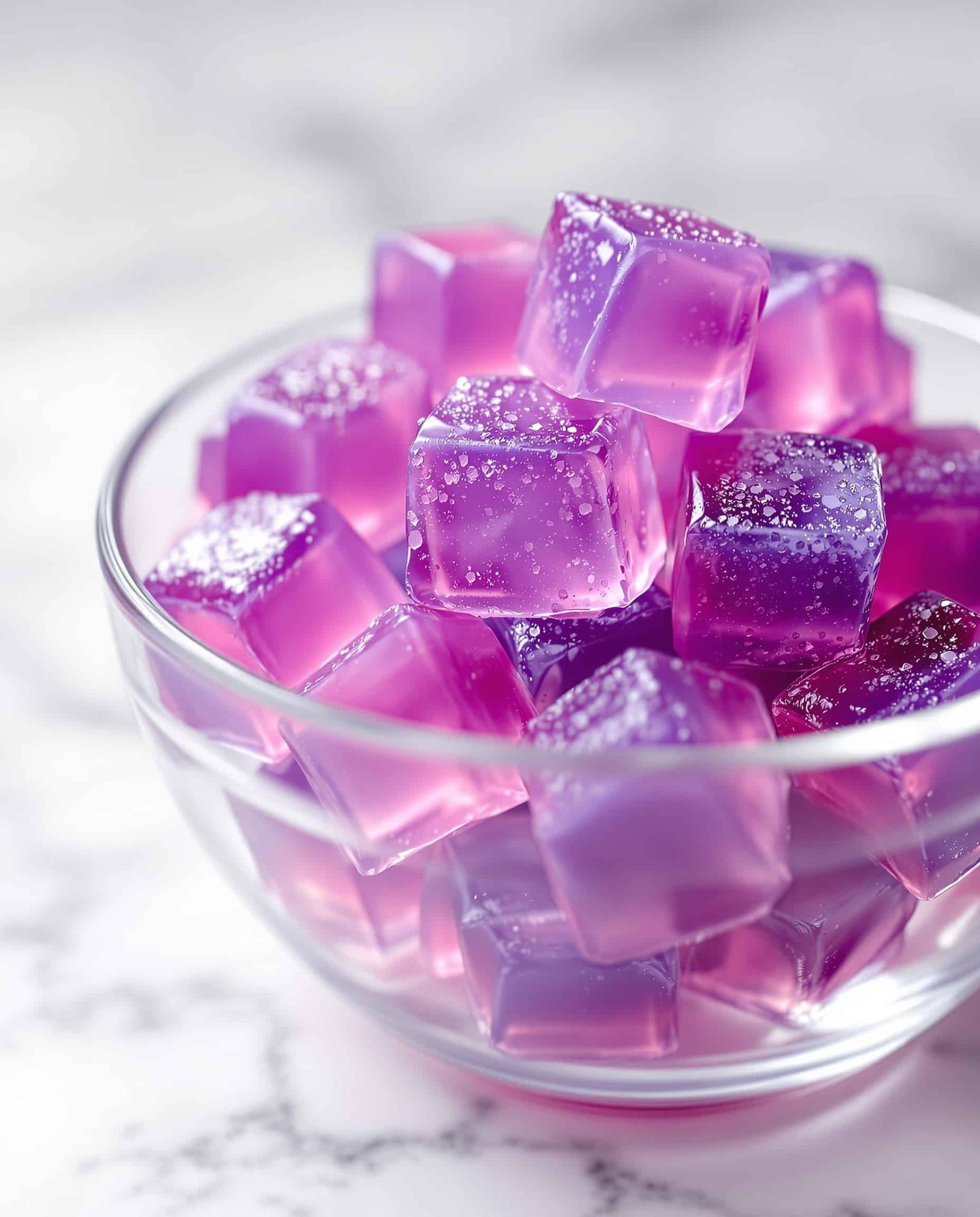 Close-up of jiggly violet-rose gelatin cubes, gelatin menopause recipe.