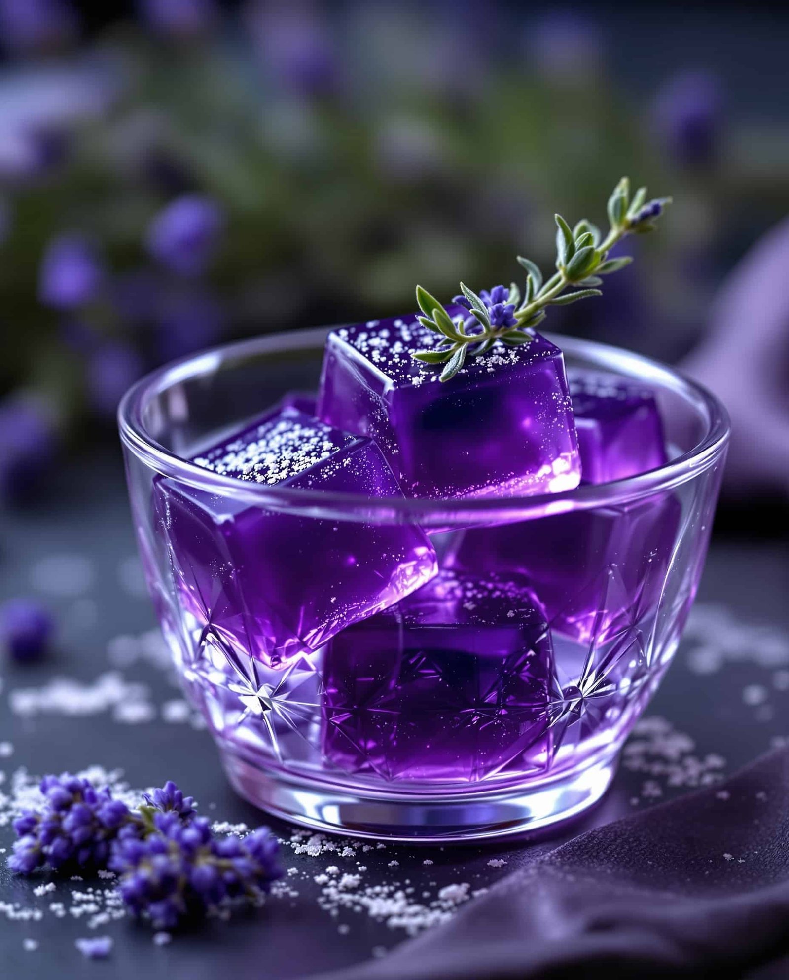 Close-up of deep purple lavender gelatin sleep cubes.