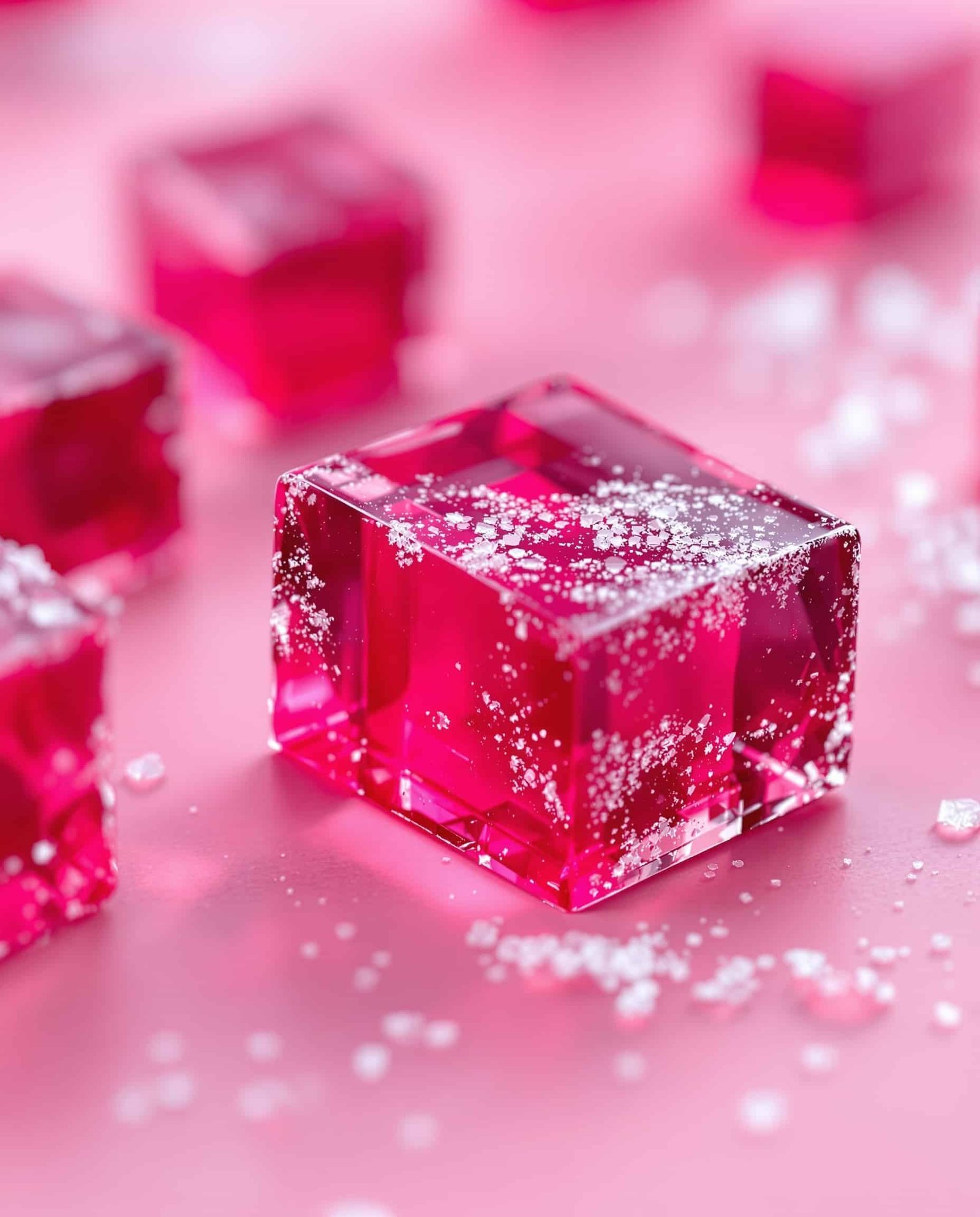 Close-up of rouge-transparent beet juice glass gelatin cubes.