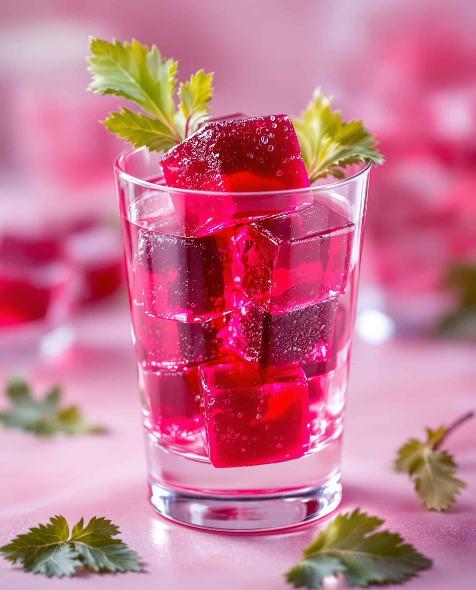 Close-up of rouge-transparent beet juice gelatin cubes with beet leaf.