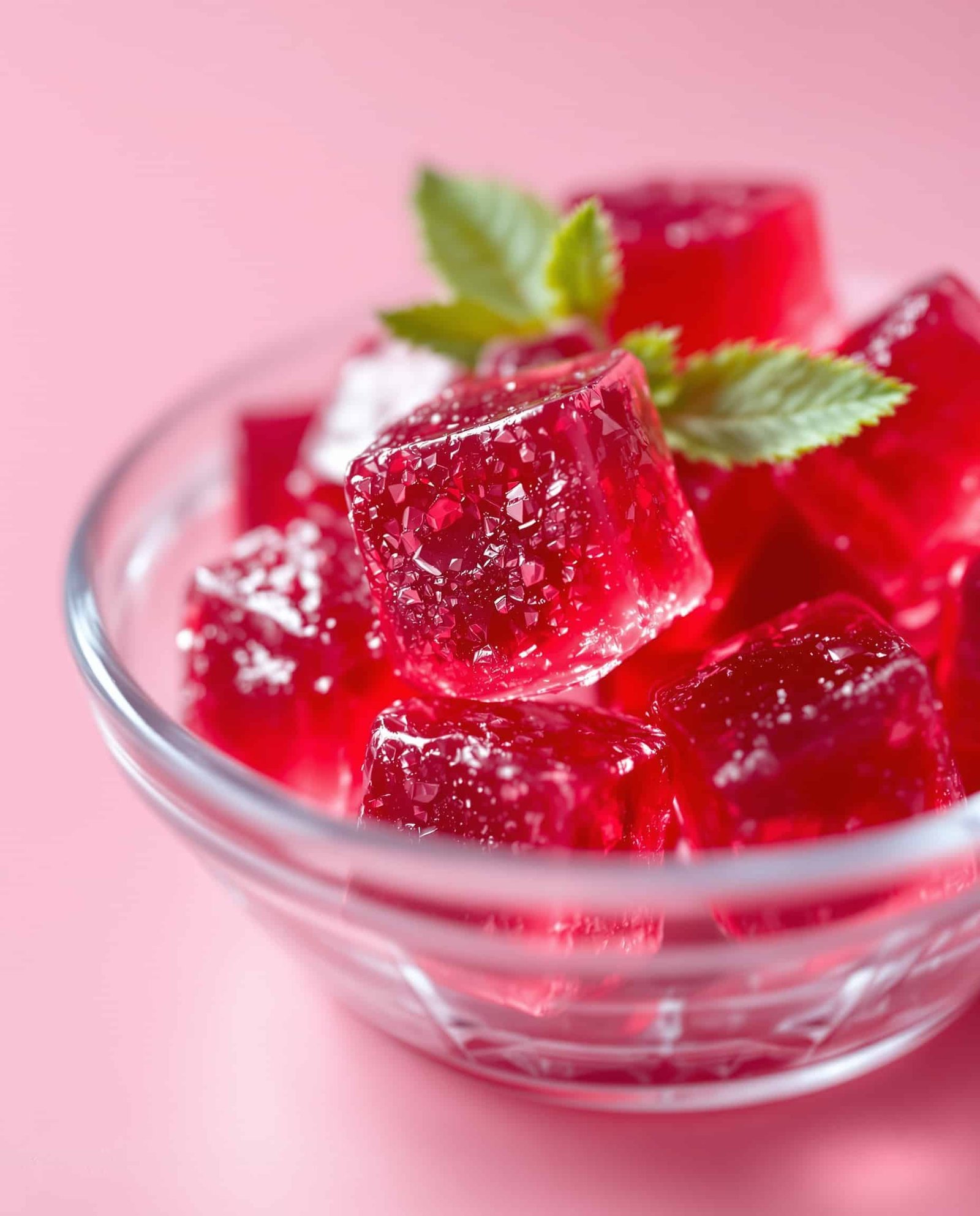 Close-up of rouge-transparent beet juice glass gelatin cubes.