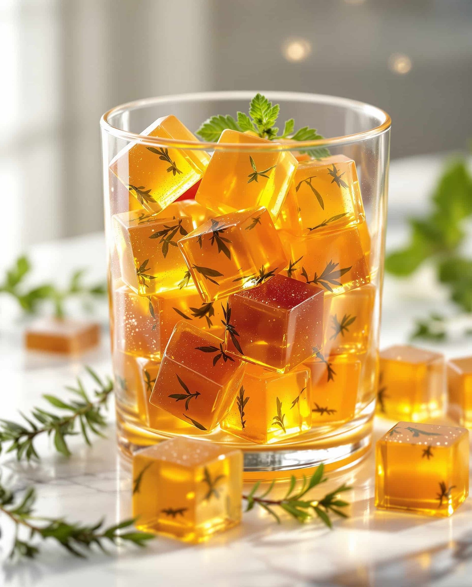 Close-up of ambre-doré gelatin cubes with berberine.