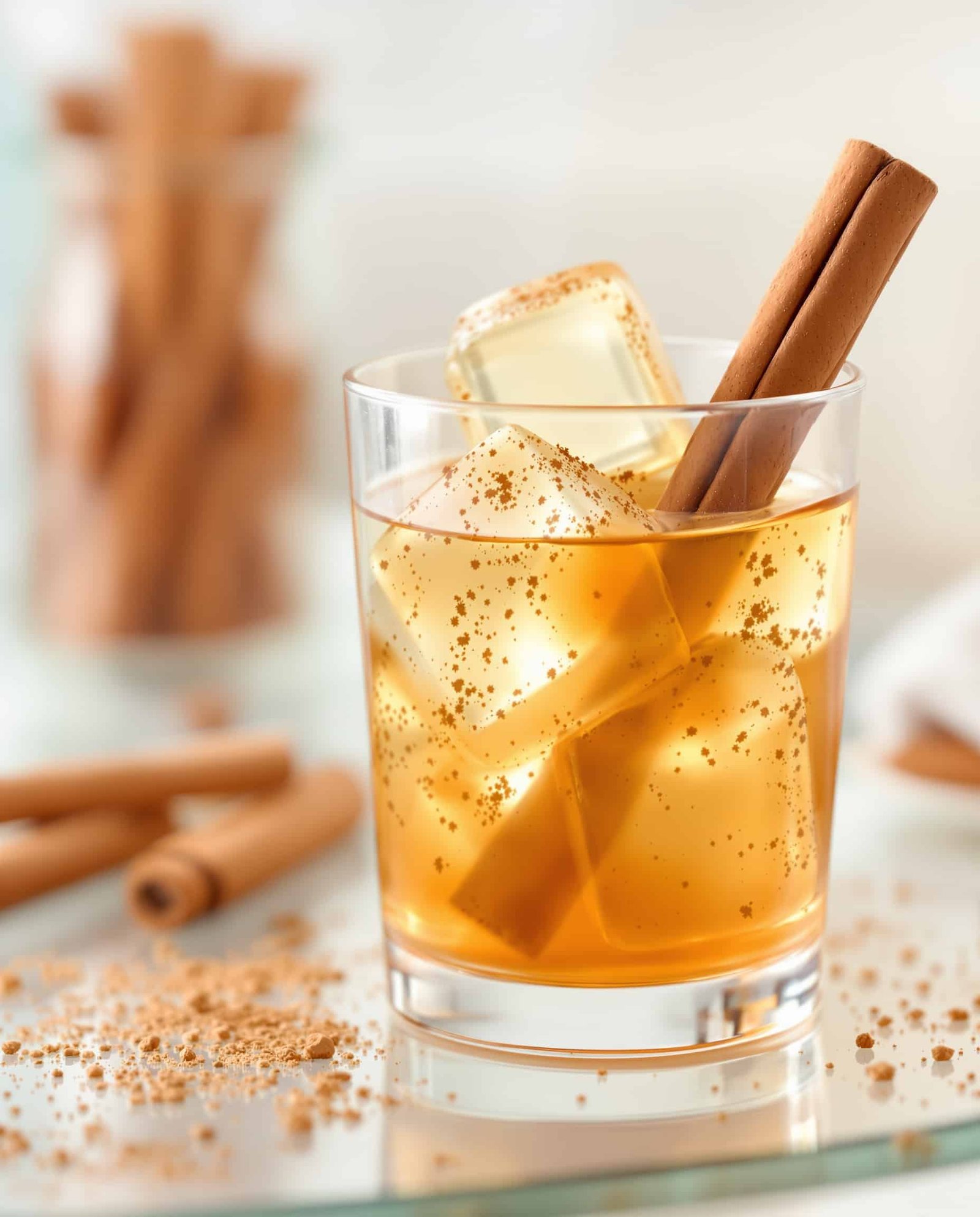 Close-up of ambre-doré cinnamon stick gelatin cubes, a healthy snack.