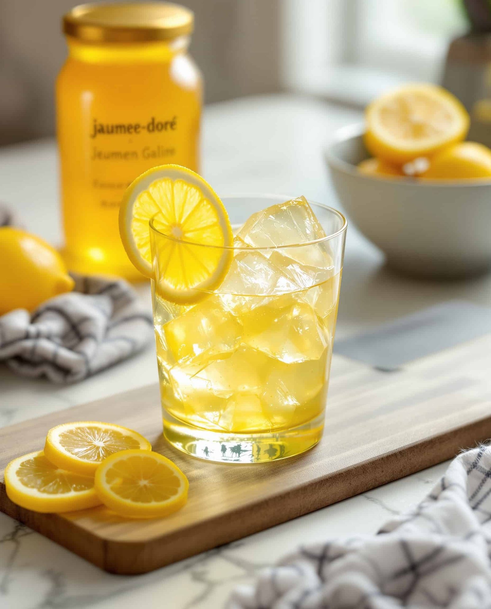 Close-up of jiggly jaune-doré gelatin trick with lemon and honey.