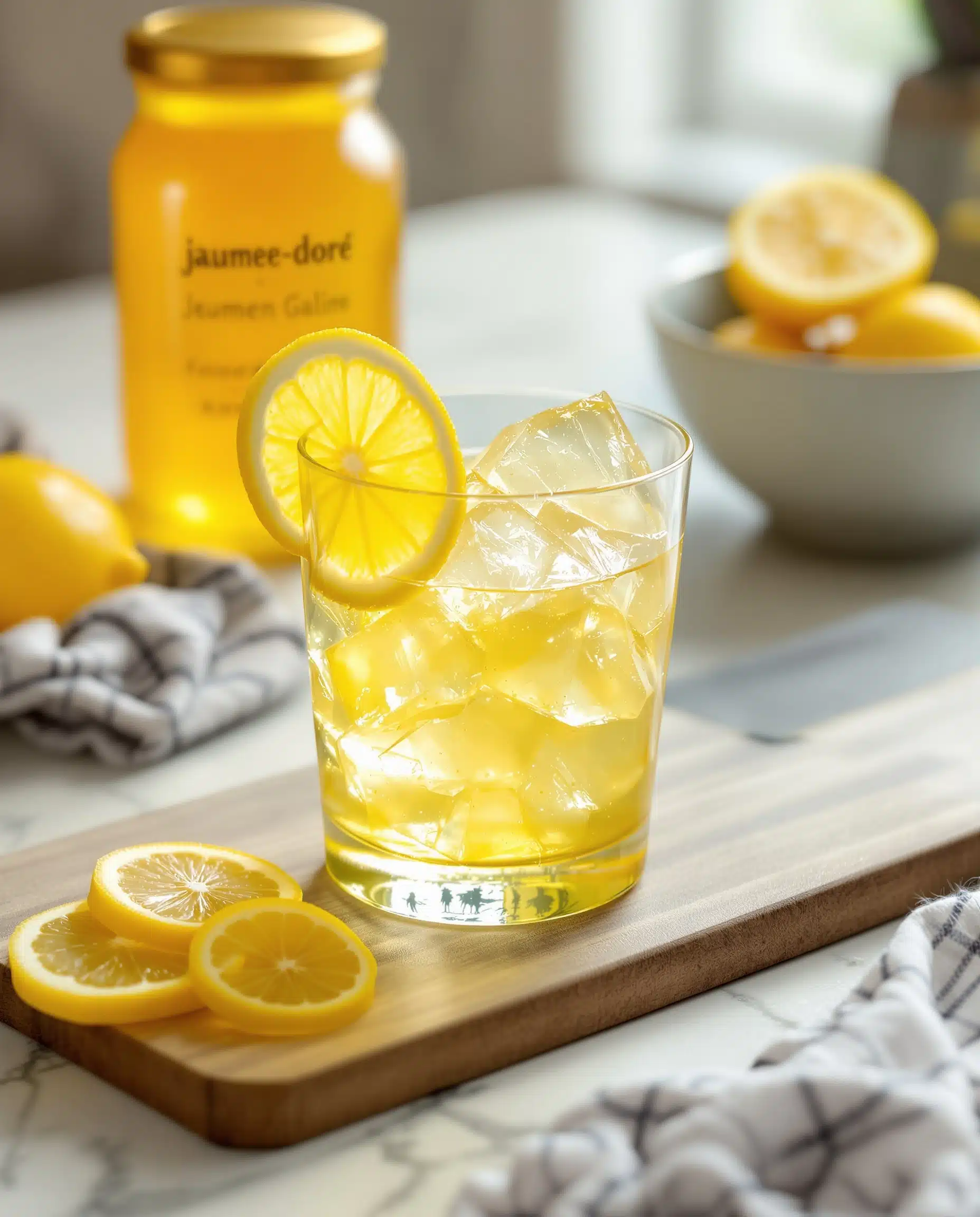 Close-up of jiggly jaune-doré gelatin trick with lemon and honey.