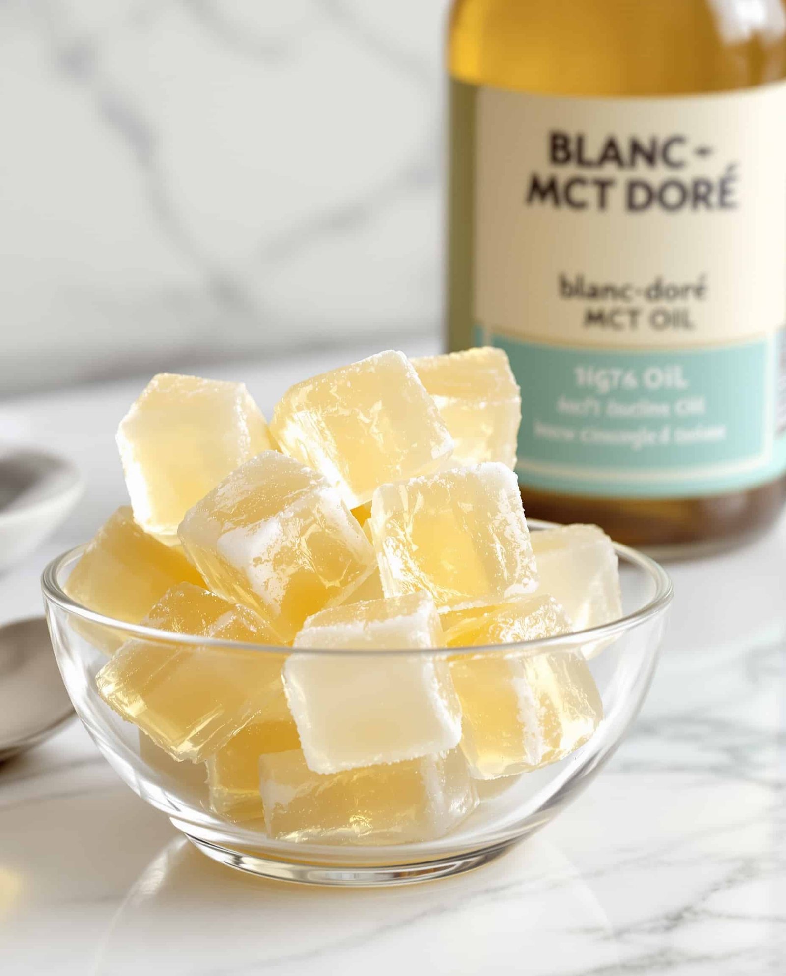 Close-up of jiggly blanc-doré gelatin cubes with MCT oil.