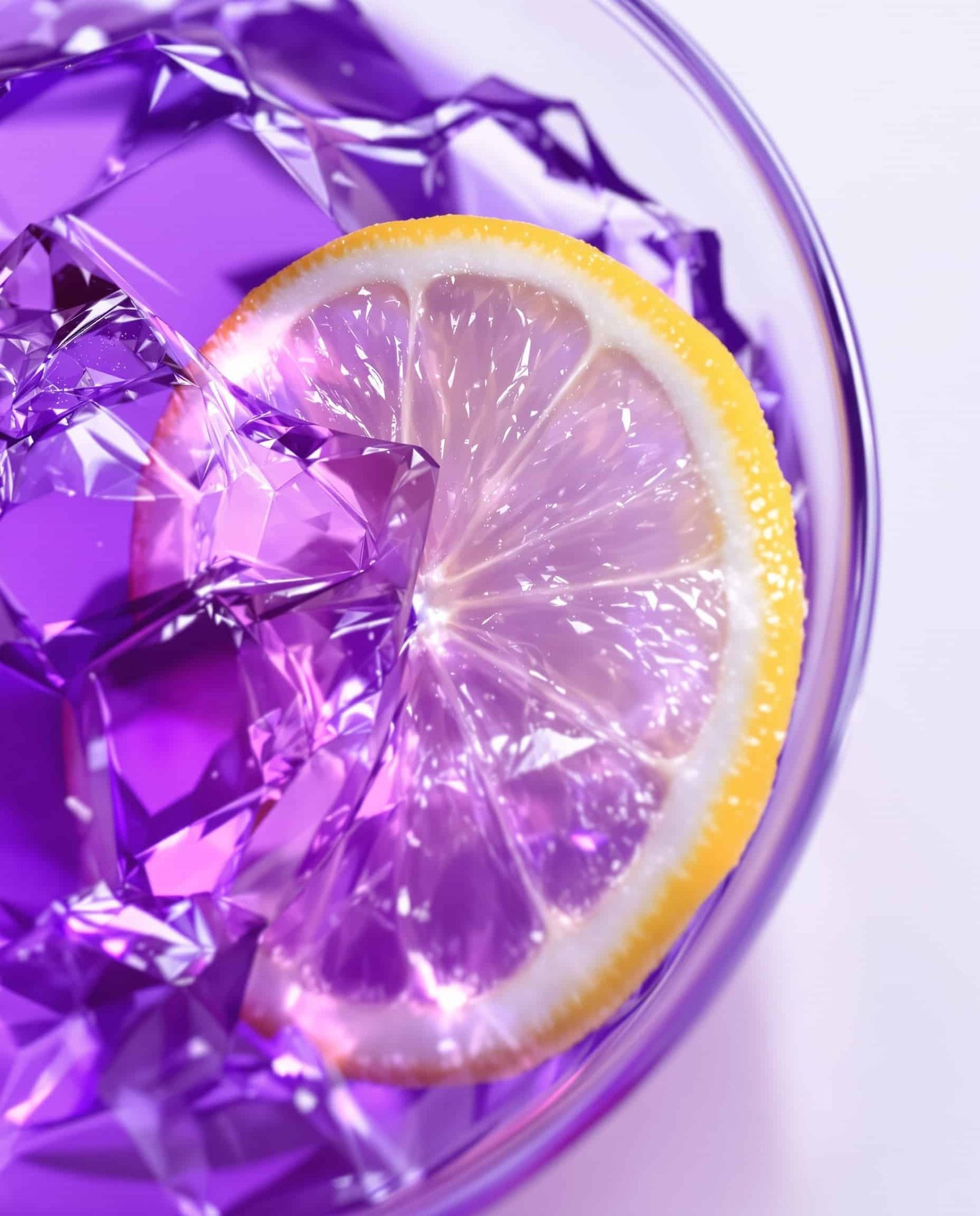 Close-up of violet-transparent gelatin trick overnight recipe with lemon.