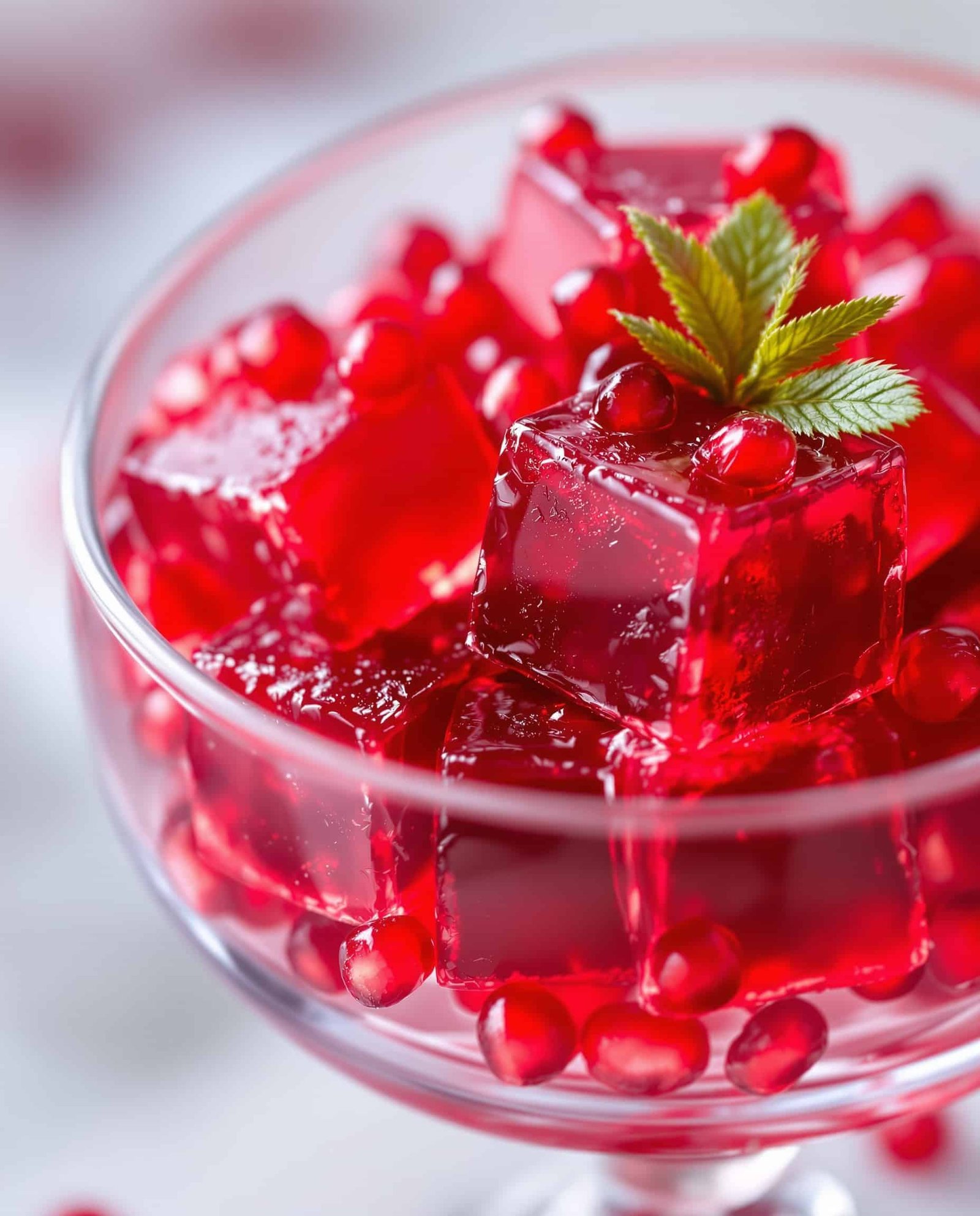 Close-up of jiggly deep red pomegranate gelatin cubes, with arils.